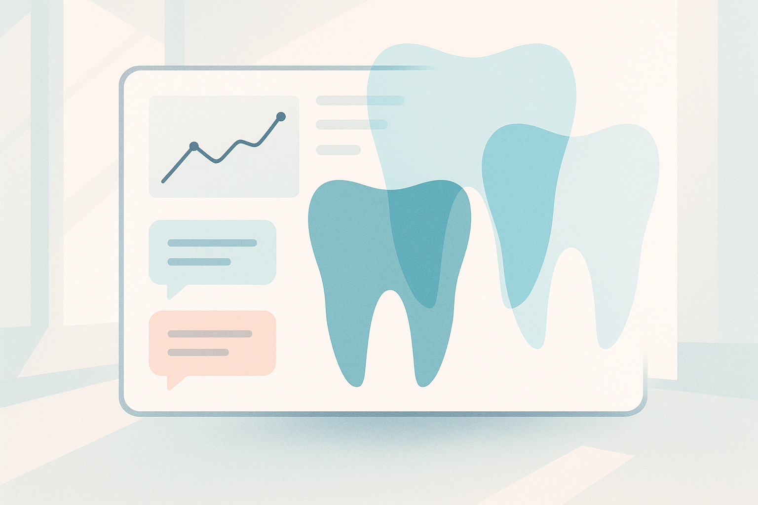 Modern dental consultation scene with translucent tooth outlines and digital growth charts.