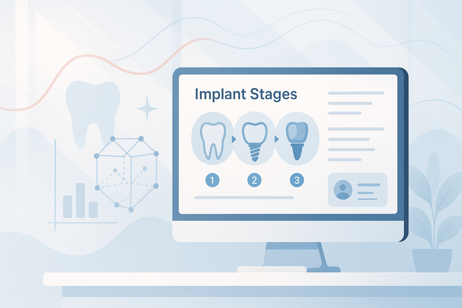 Modern dental dashboard showing implant stages with geometric shapes, growth charts, and testimonial bubbles.
