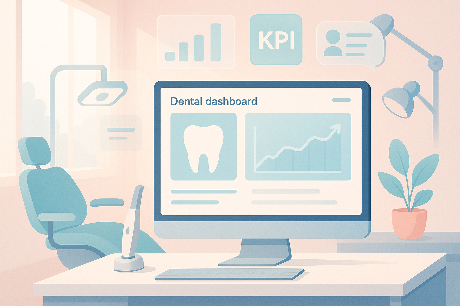 Modern dental dashboard with digital charts, KPI icons, and testimonial bubbles in bright clinical setting.