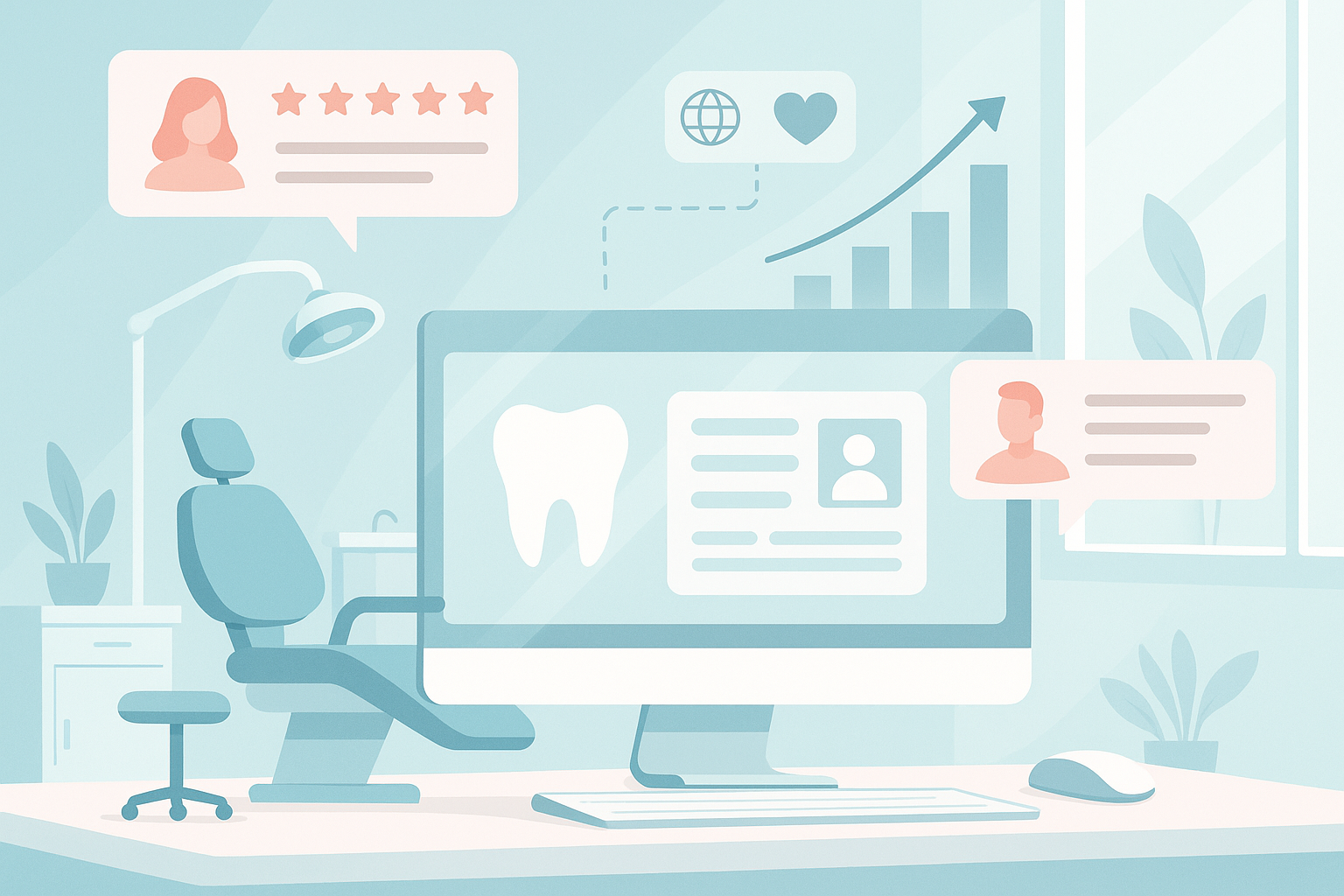 Modern dental dashboard with growth charts, speech bubbles, and digital connectivity symbols.