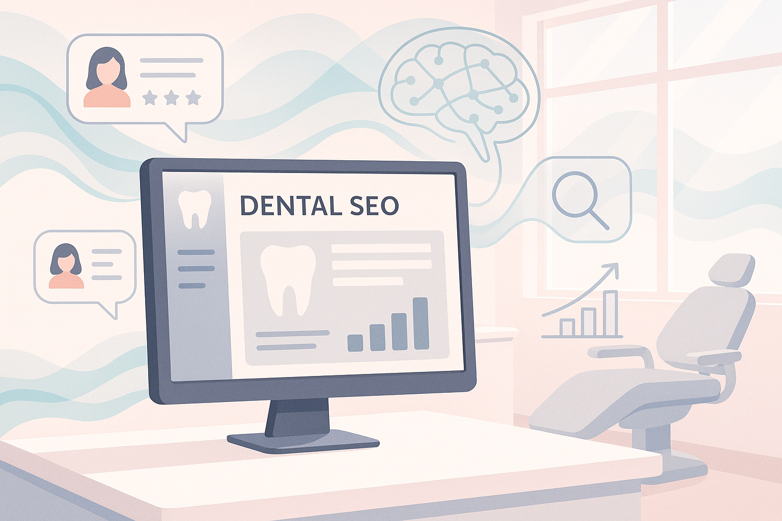 Modern dental dashboard with growth charts, testimonials, neural networks, and search icons in a clean, bright treatment room.