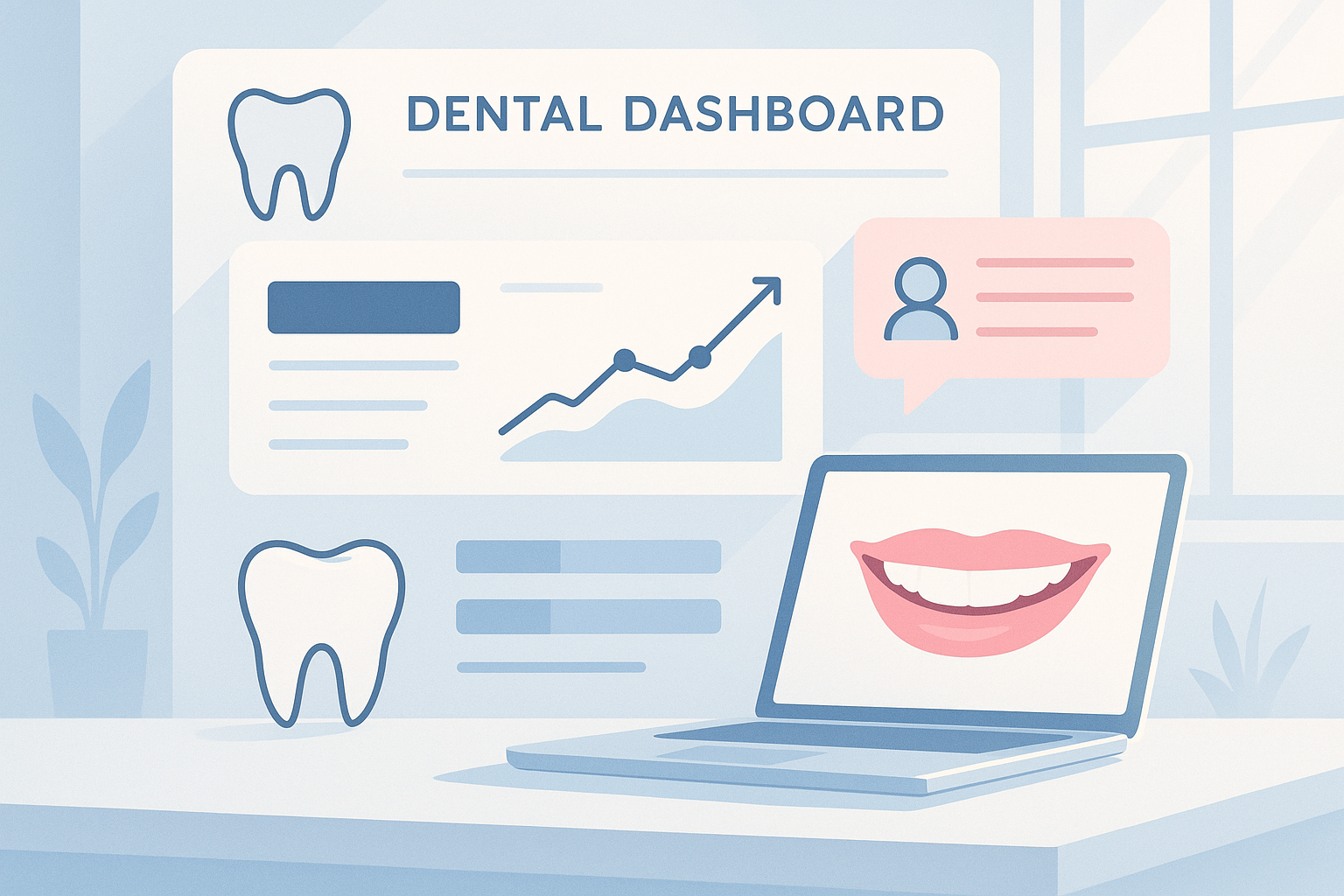 Modern dental dashboard with growth charts, testimonial bubbles, tooth motifs, in bright clinical tones.