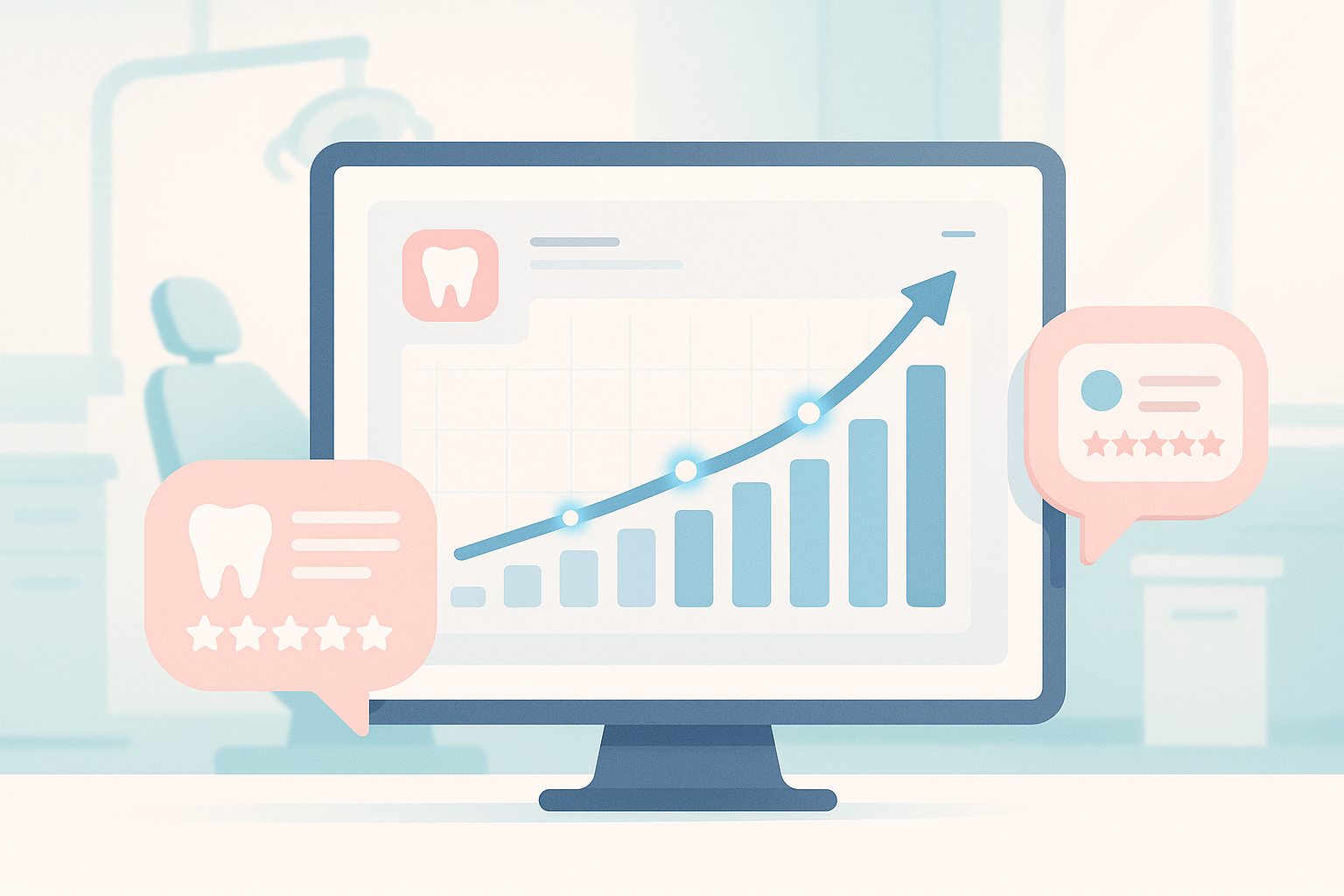 Modern dental dashboard with growth charts, testimonial bubbles, and clinical background elements.