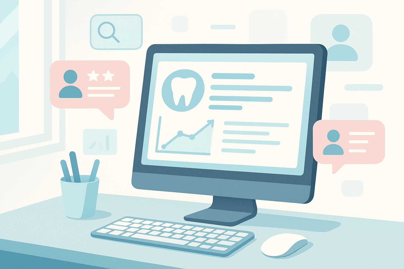 Modern dental dashboard with search icons, patient silhouettes, and growth charts in a bright workspace.