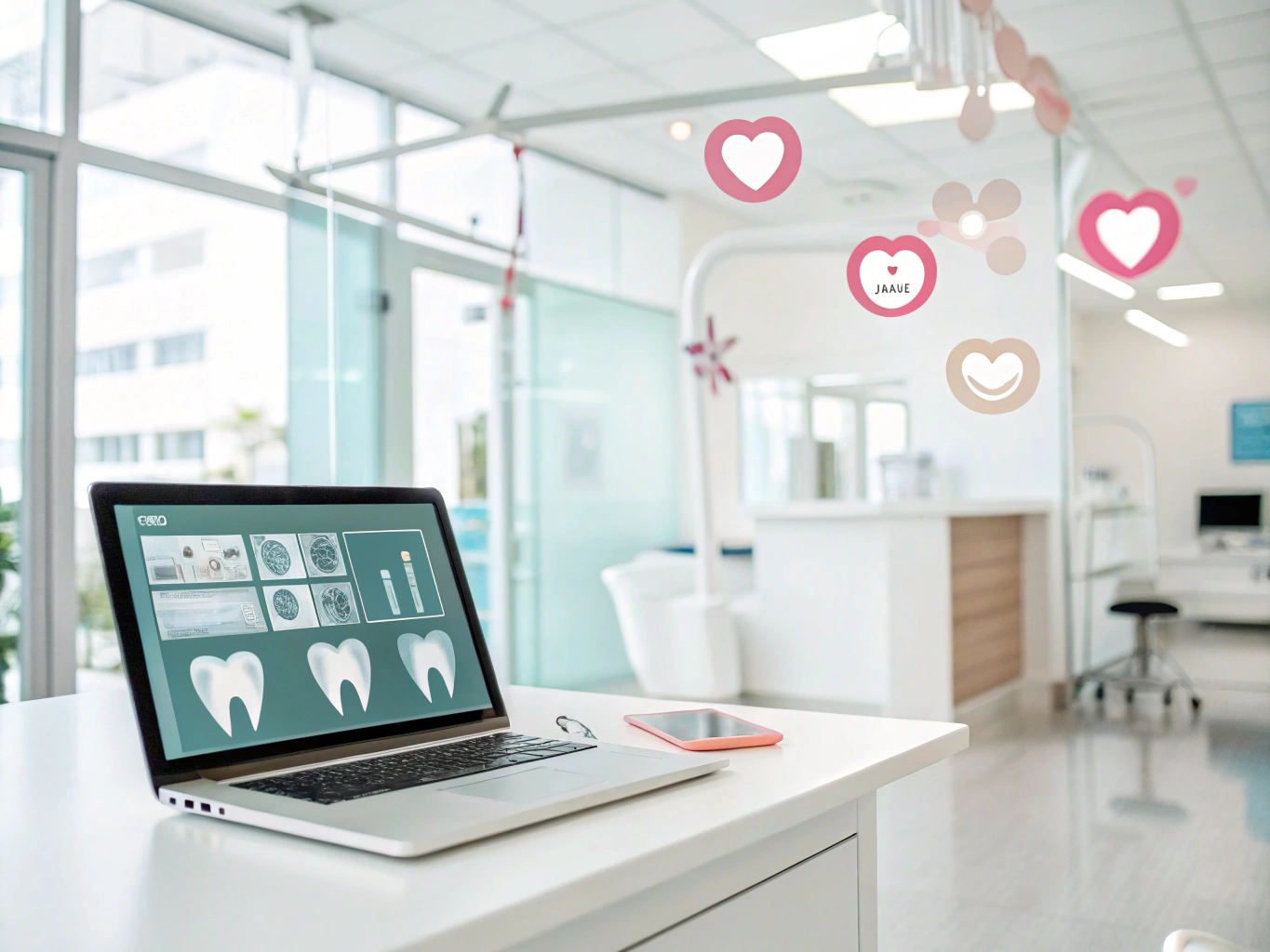 Modern dental dashboard with social icons, growth charts, testimonial bubbles in a bright digital workspace.