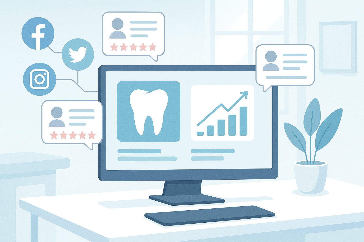Modern dental dashboard with social icons, testimonial bubbles, and growth charts in bright workspace.