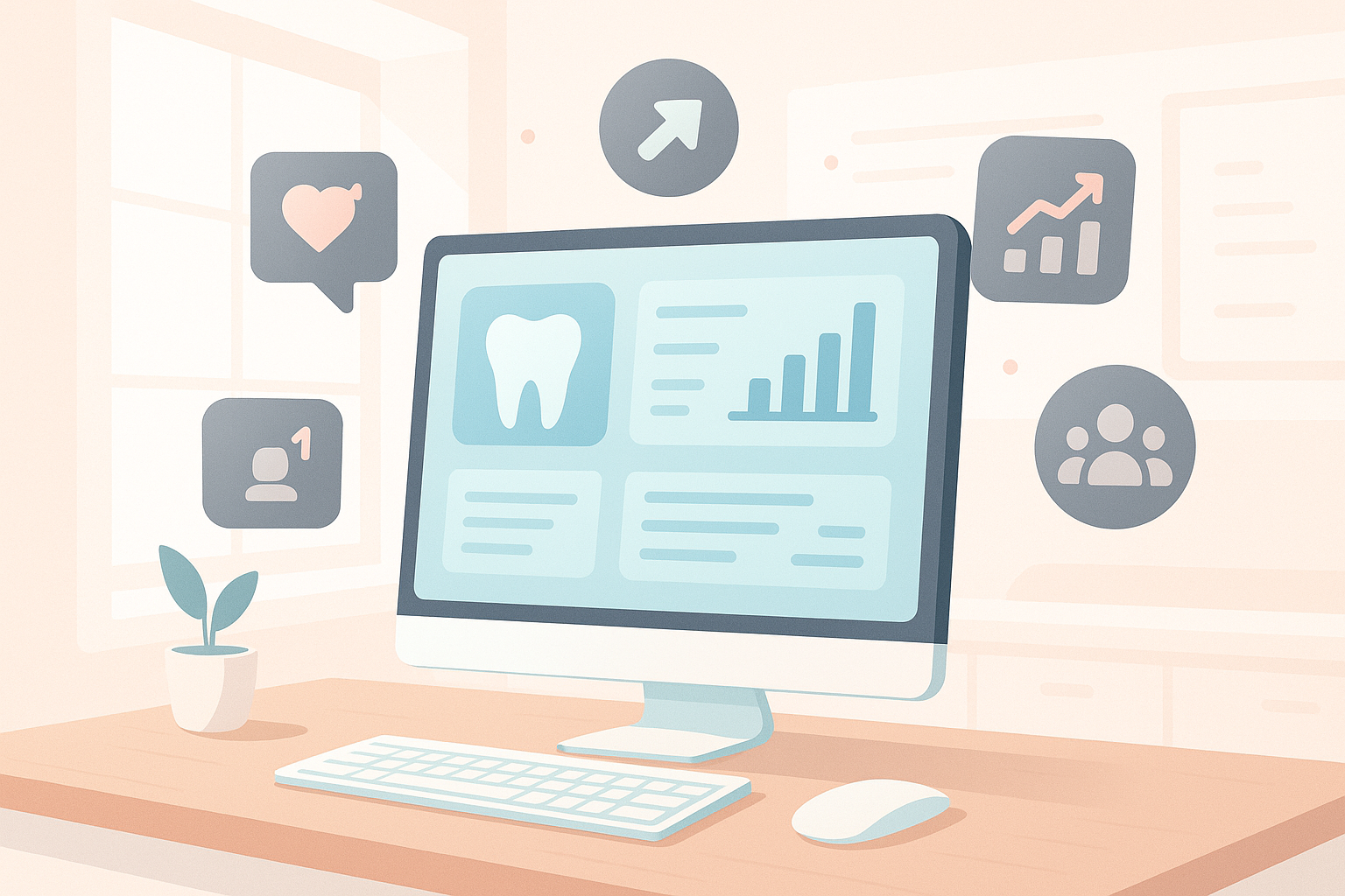 Modern dental dashboard with social media icons in a clean, clinical digital workspace.