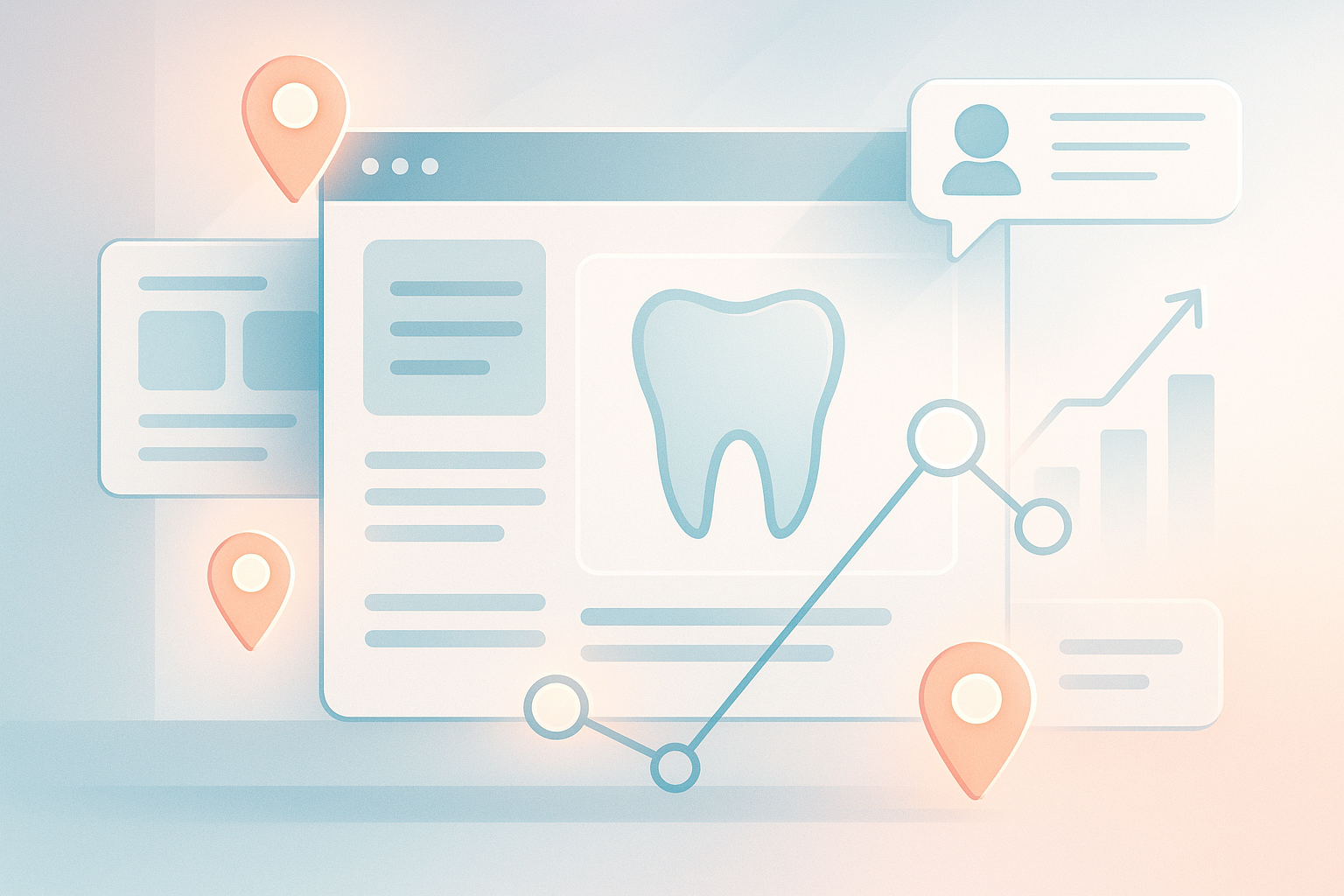 Modern dental digital workspace with floating screens, growth lines, and testimonial bubbles.