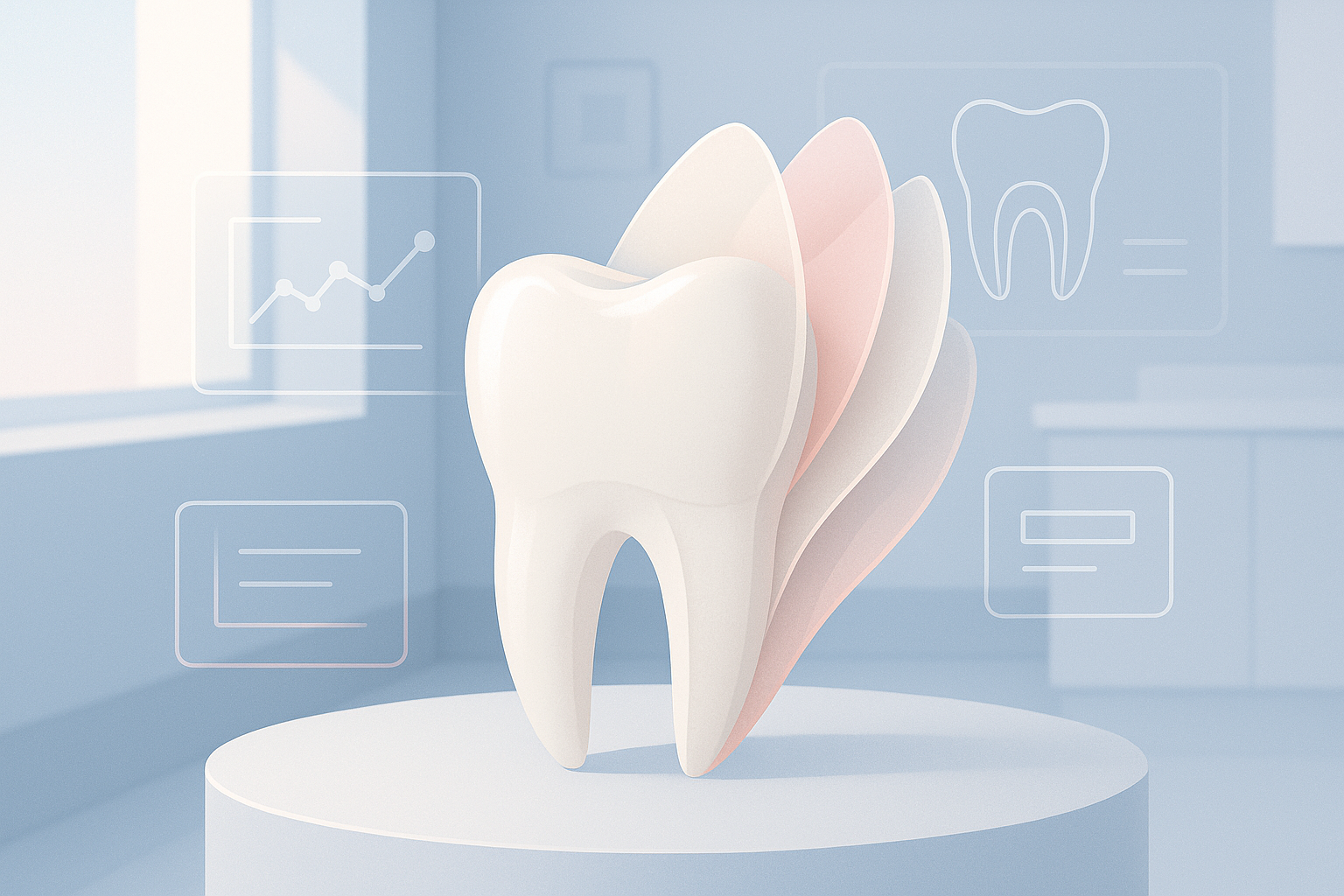 Modern dental illustration showing translucent tooth layers, digital interface, and clinical setting.