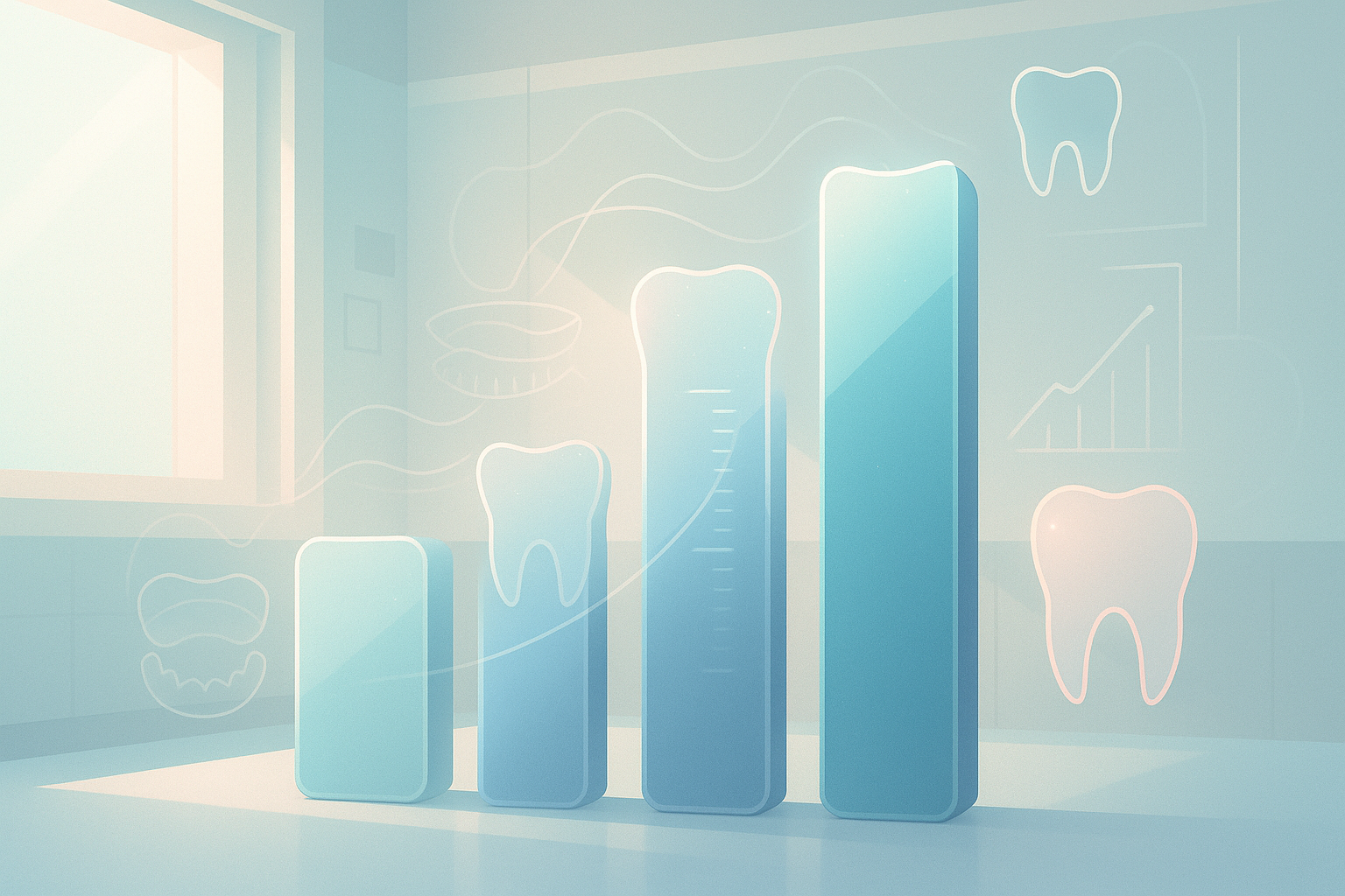 Modern dental illustration with ascending geometric shapes, dental molds, digital lines, and growth charts.