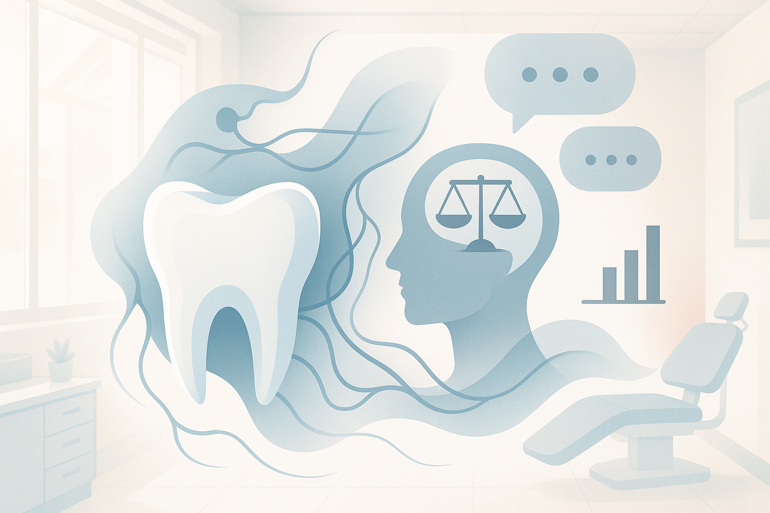 Modern dental illustration with bone structures, neural pathways, and calming clinical setting.