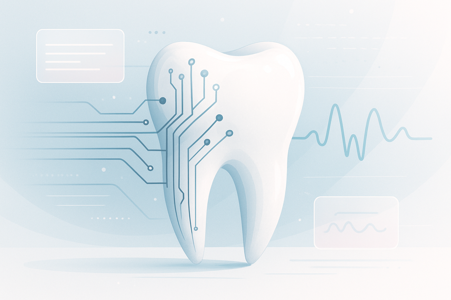 Modern dental illustration with circuits, data streams, and organic tooth forms in a clinical setting.