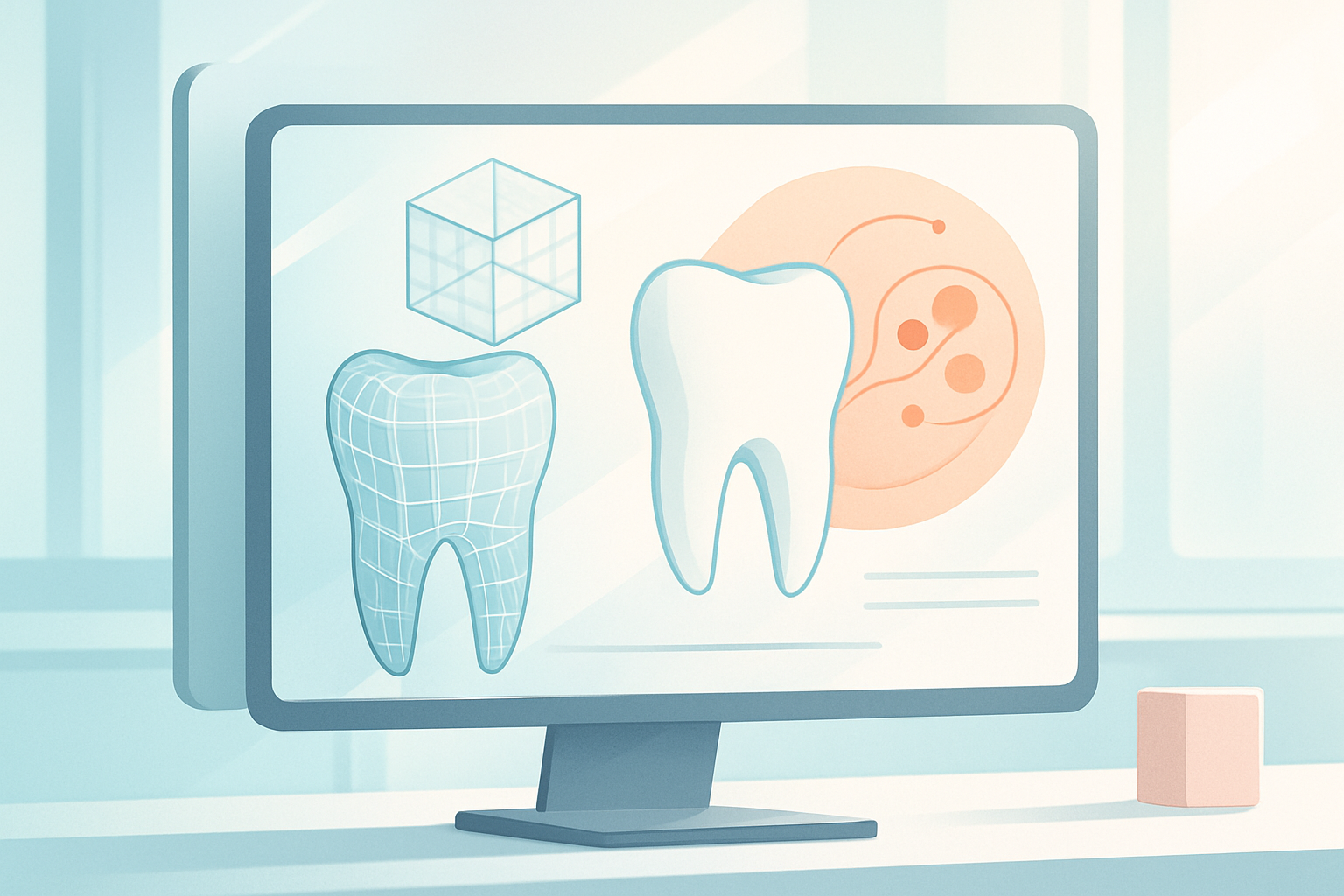 Modern dental illustration with digital blueprints, geometric shapes, and a sleek workspace.