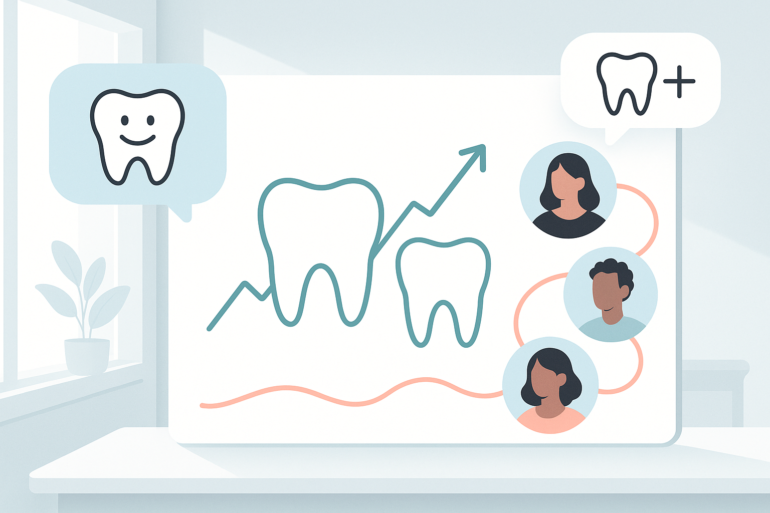 Modern dental illustration with diverse patients, speech bubbles, and growth charts in bright, clinical colors.
