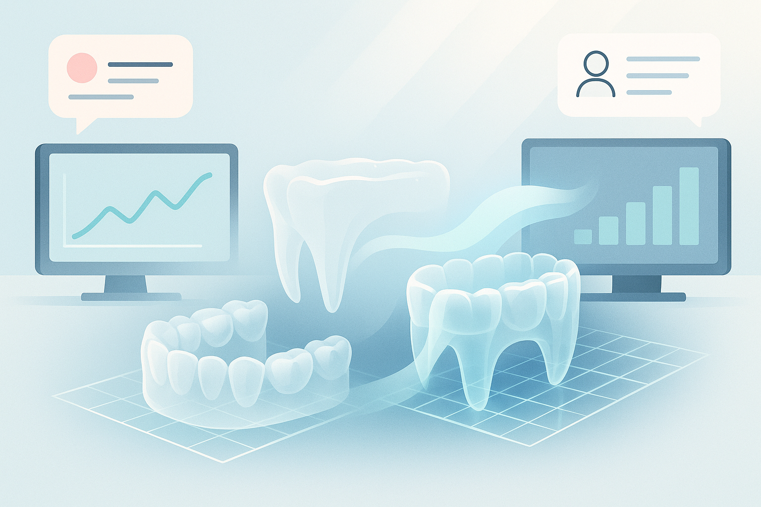 Modern dental illustration with floating 3D arches, scan grids, data streams, and growth charts.