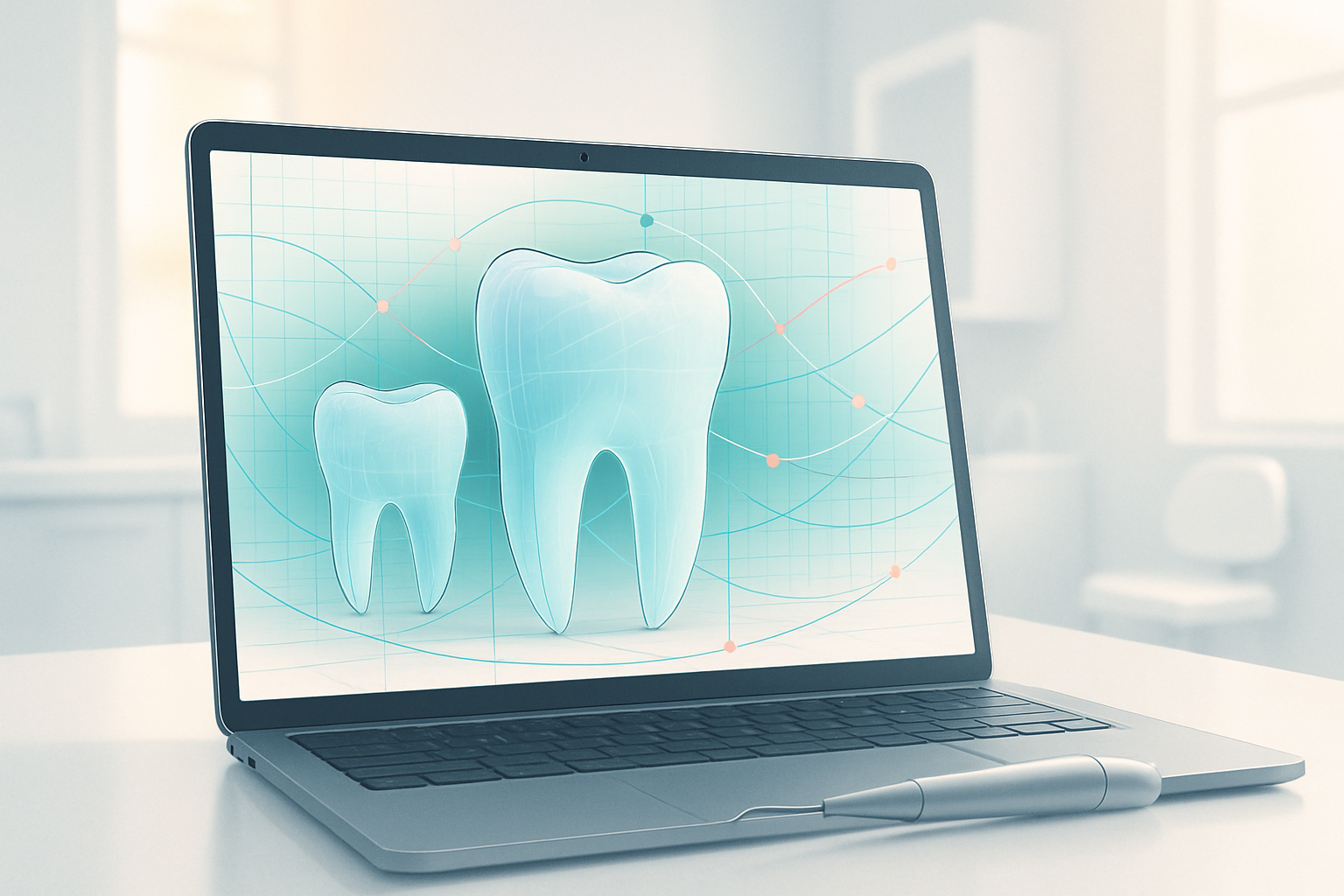Modern dental illustration with floating tooth forms and digital workspace elements in bright, clinical tones.