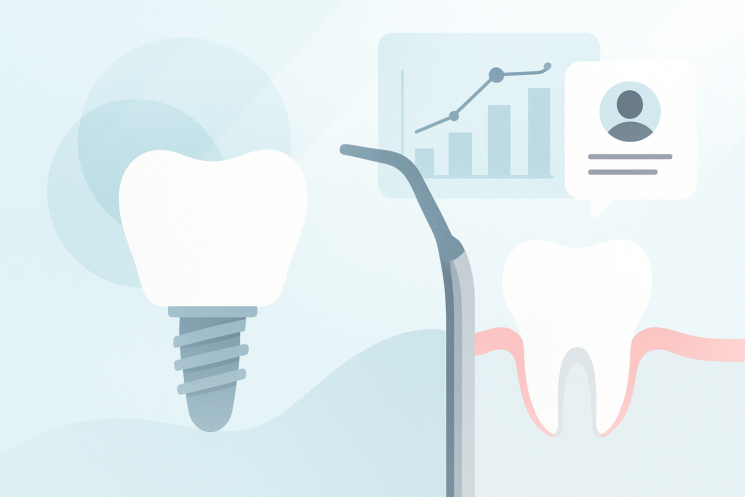 Modern dental illustration with geometric implants, tissue support curves, growth charts, and testimonial bubbles.