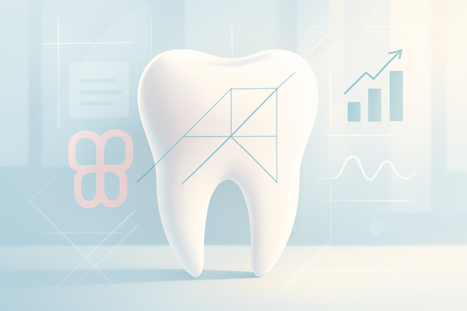 Modern dental illustration with geometric lines, interlocking shapes, waveform patterns, and clinical backdrop.