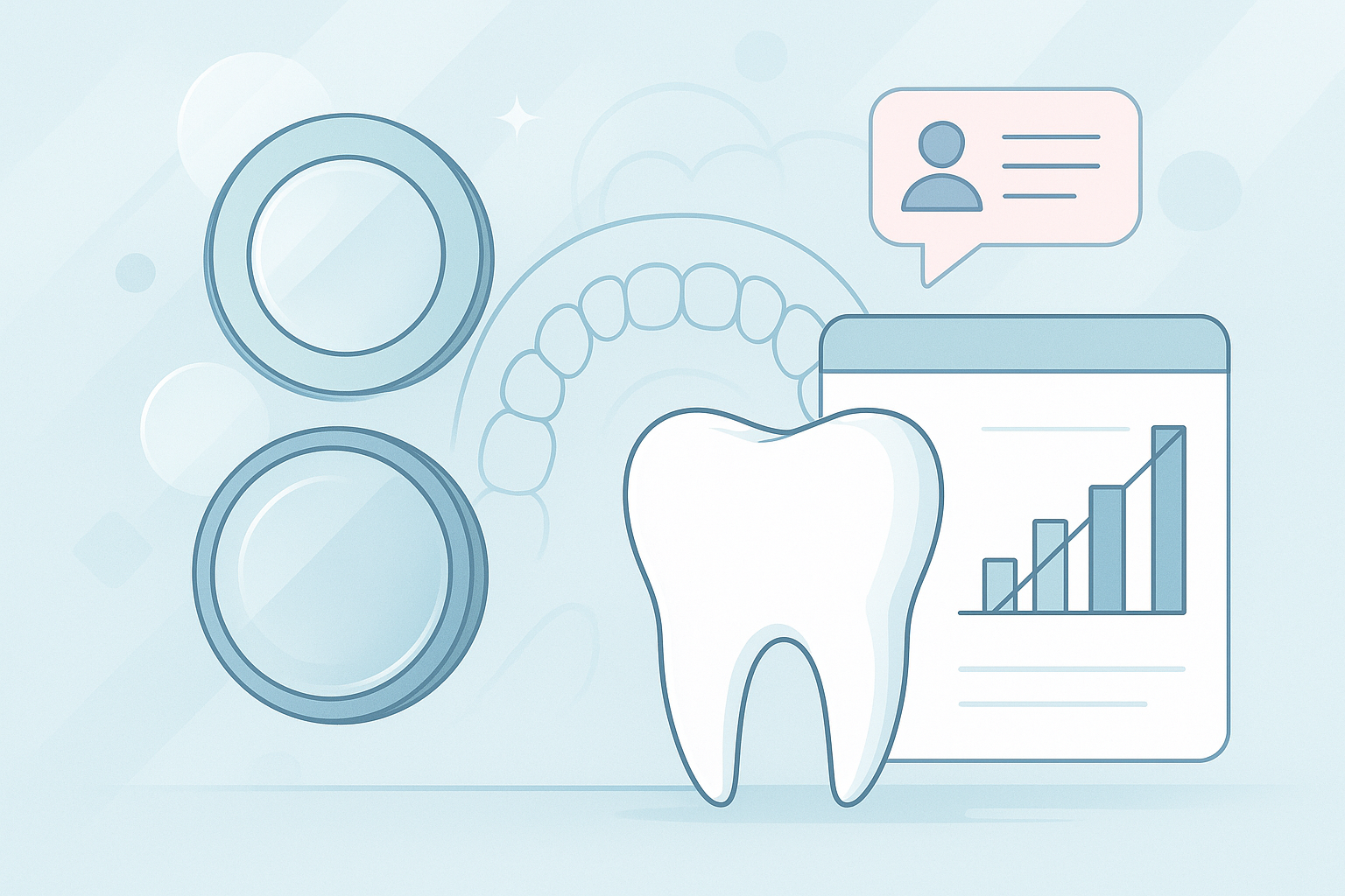 Modern dental illustration with geometric shapes, dental arch, digital interface, and growth charts.
