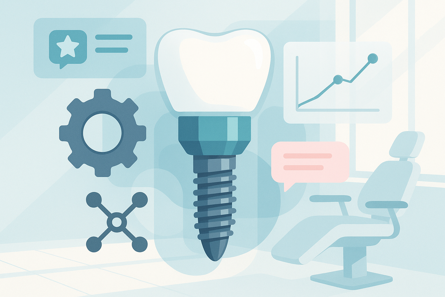 Modern dental illustration with implant components, growth charts, and testimonial bubbles in bright, clinical setting.