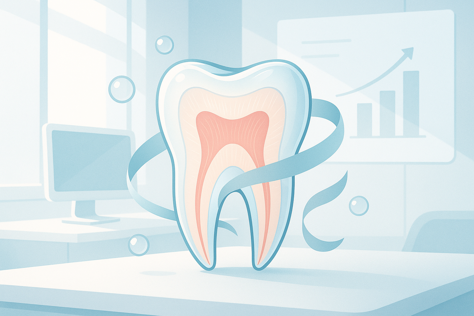 Modern dental illustration with protective enamel layers, hydration bubbles, and growth charts.