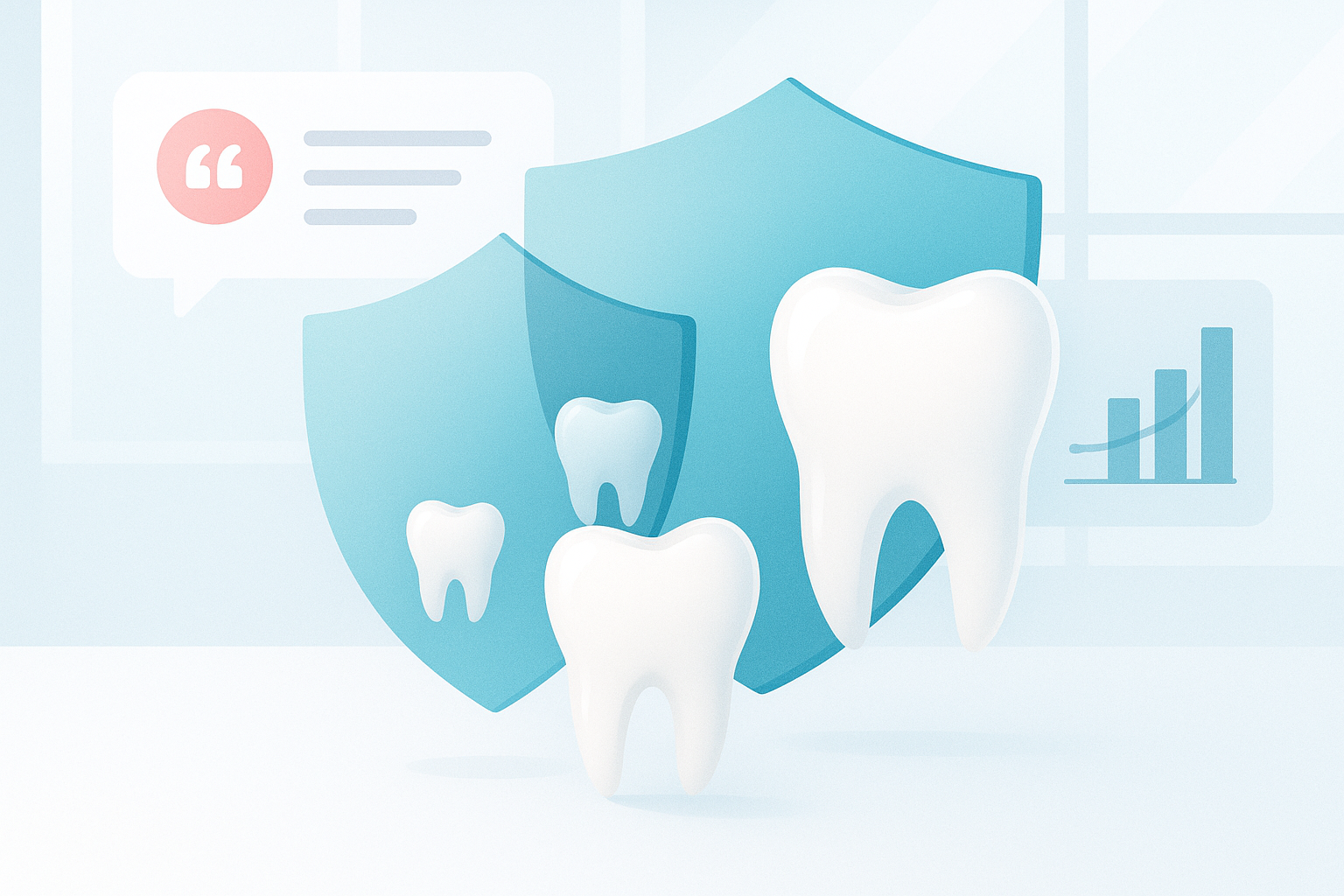 Modern dental illustration with shields, tooth forms, growth lines, and testimonial bubbles in clinical tones.