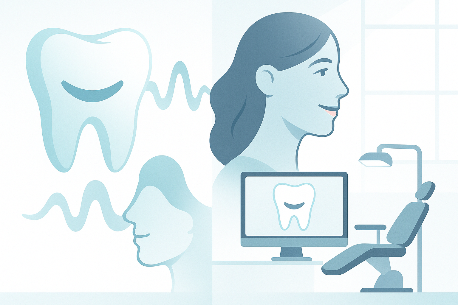 Modern dental illustration with smiles, speech waves, and abstract shapes in a bright clinical setting.