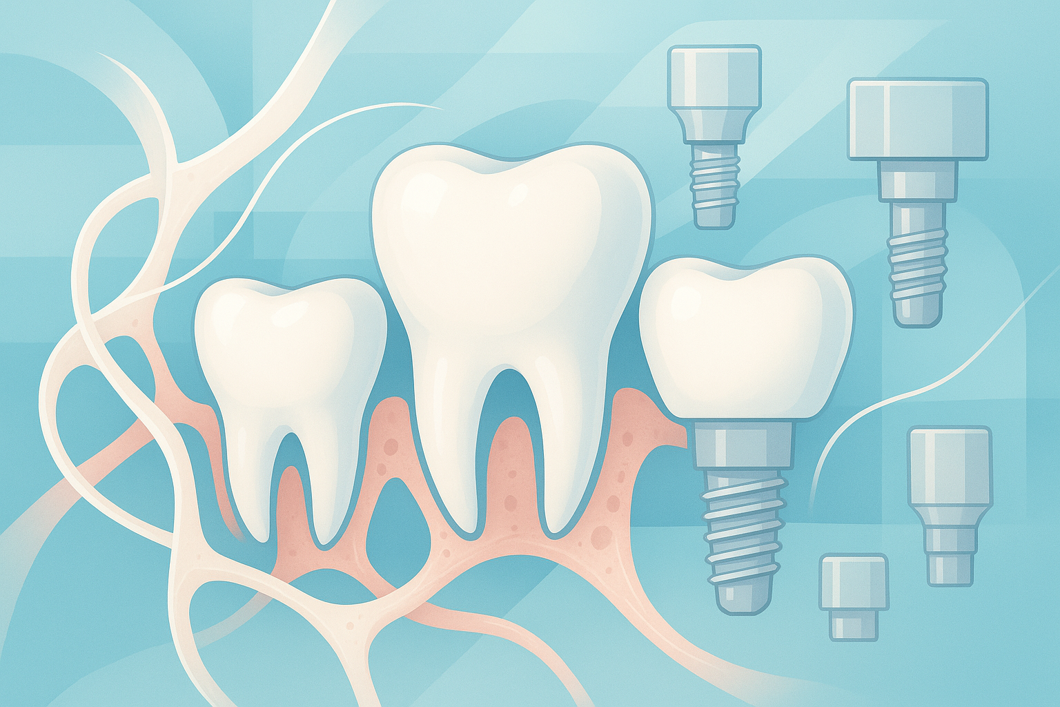 Modern dental illustration with teeth, bone structures, implant parts, and healing symbols.