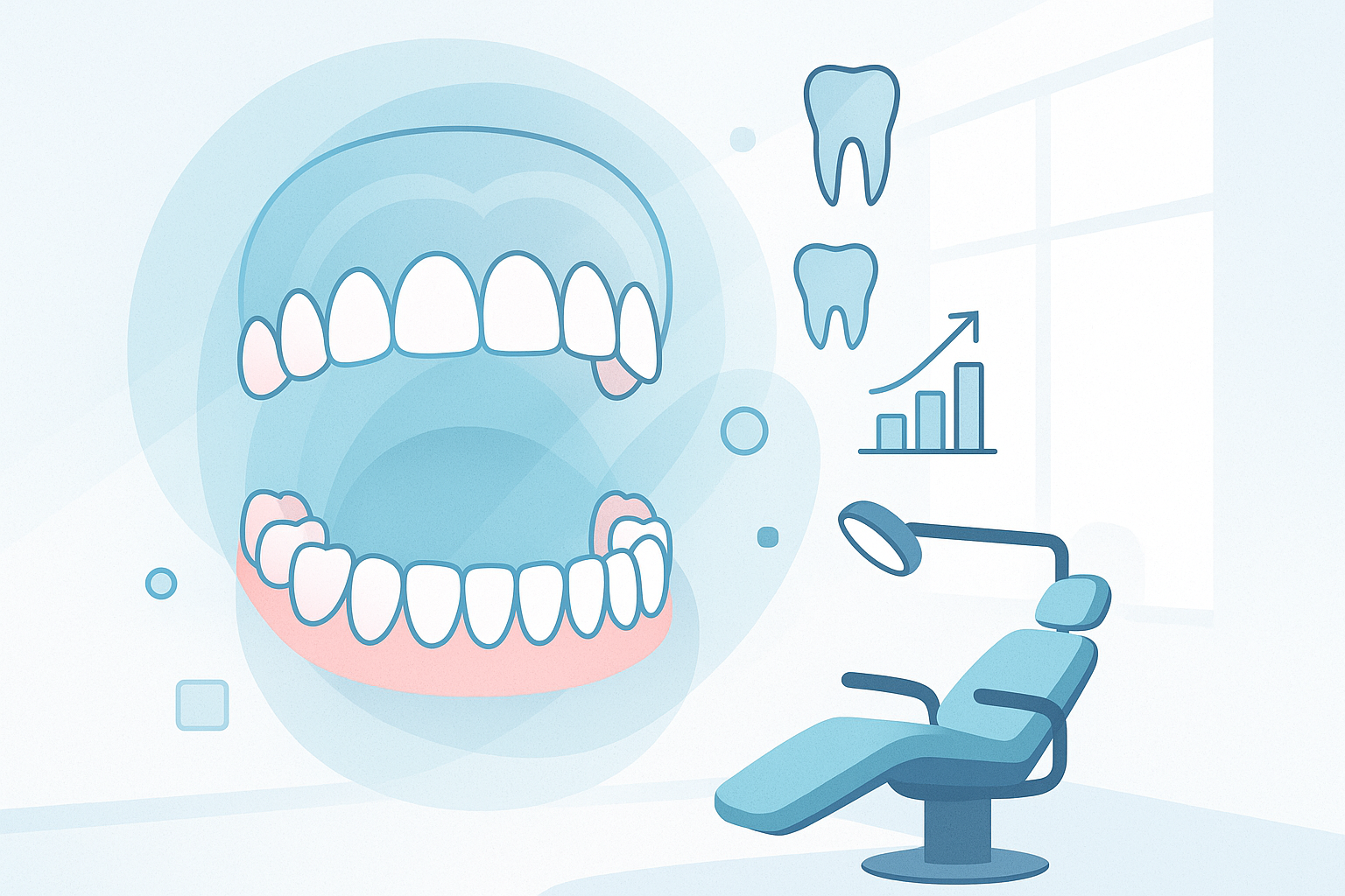 Modern dental illustration with translucent jaws, pink gums, geometric shapes in a bright clinical room.
