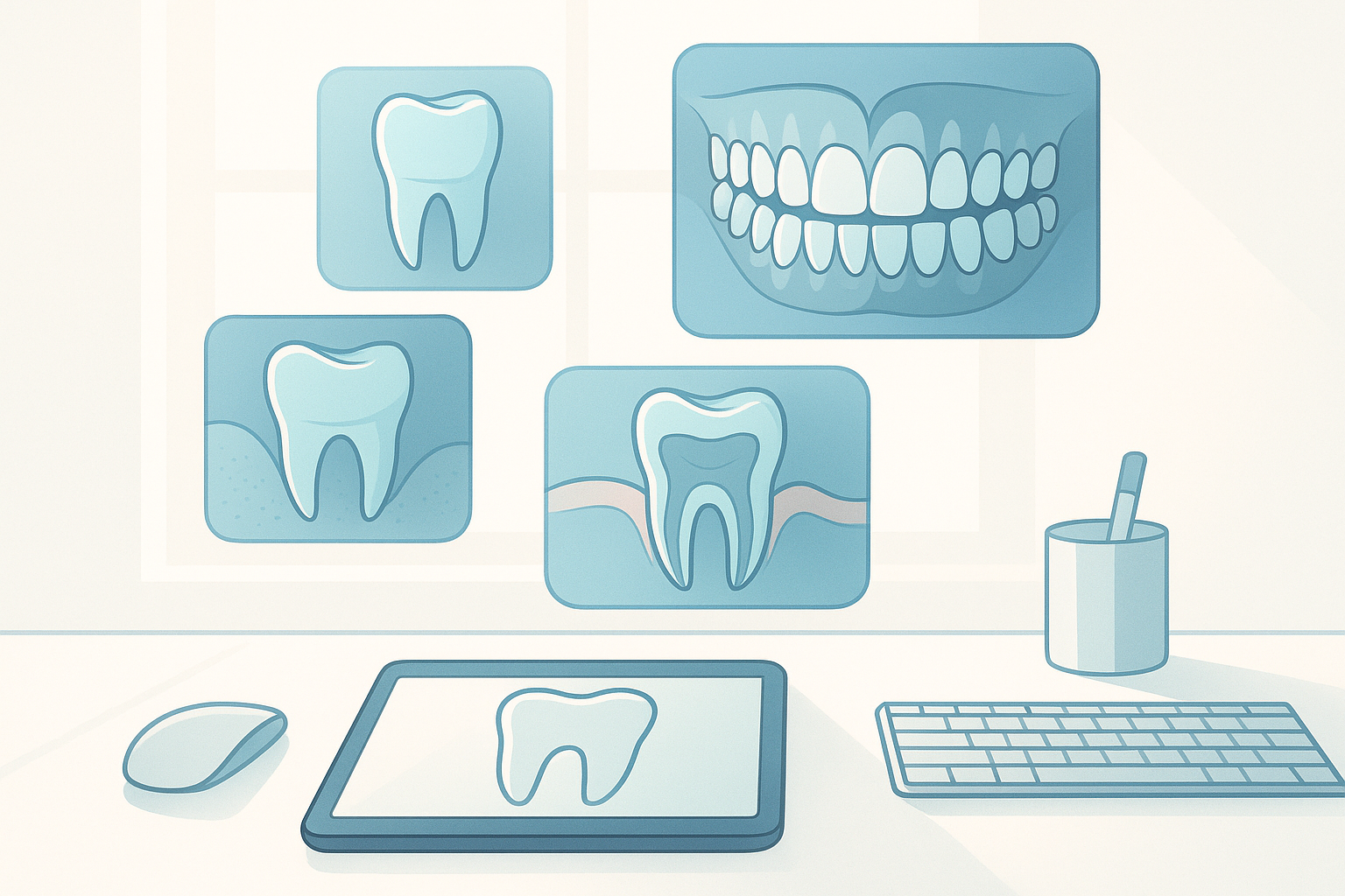 Modern dental illustration with translucent molds and blueprint-like dental structures in a bright, minimalist workspace.