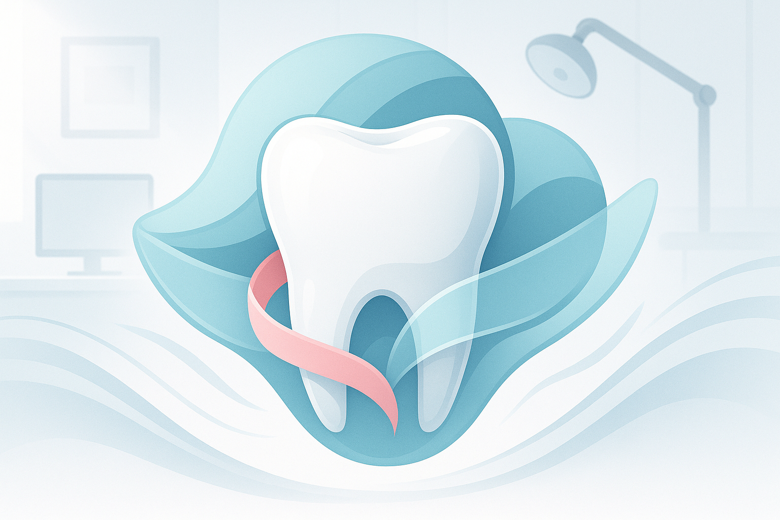 Modern dental illustration with translucent shapes, pink accents, and calming blue tones in a clinical setting.