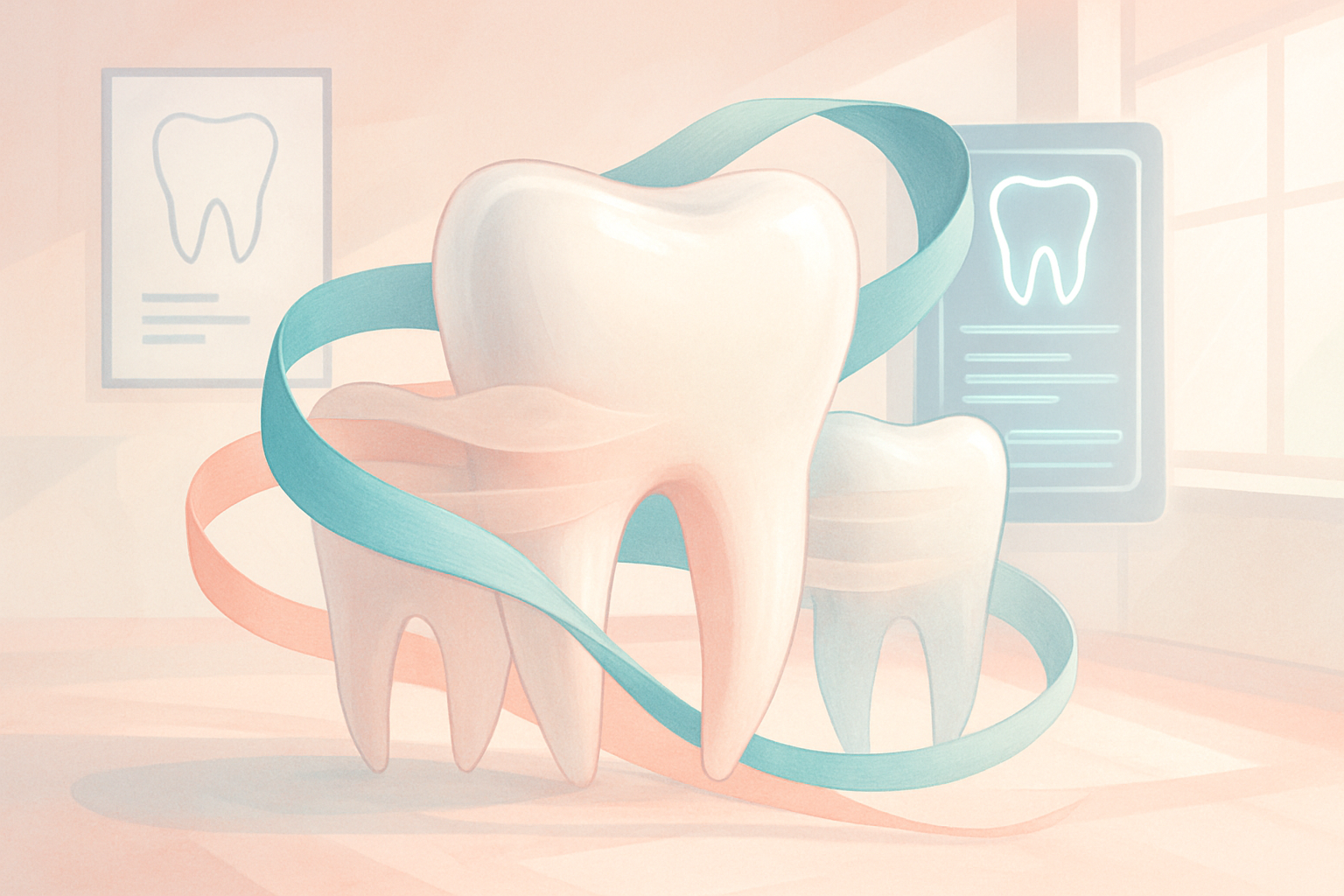 Modern dental illustration with translucent teeth, flowing ribbons, charts, and digital interfaces in a bright, clinical setting.