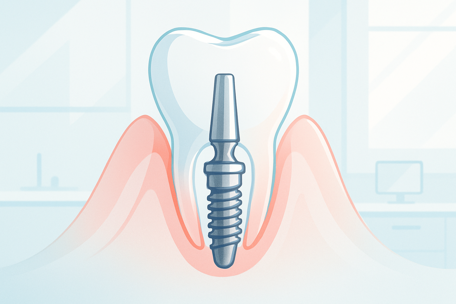 Modern dental illustration with translucent tissues and a metallic healing abutment in a bright, clinical setting.