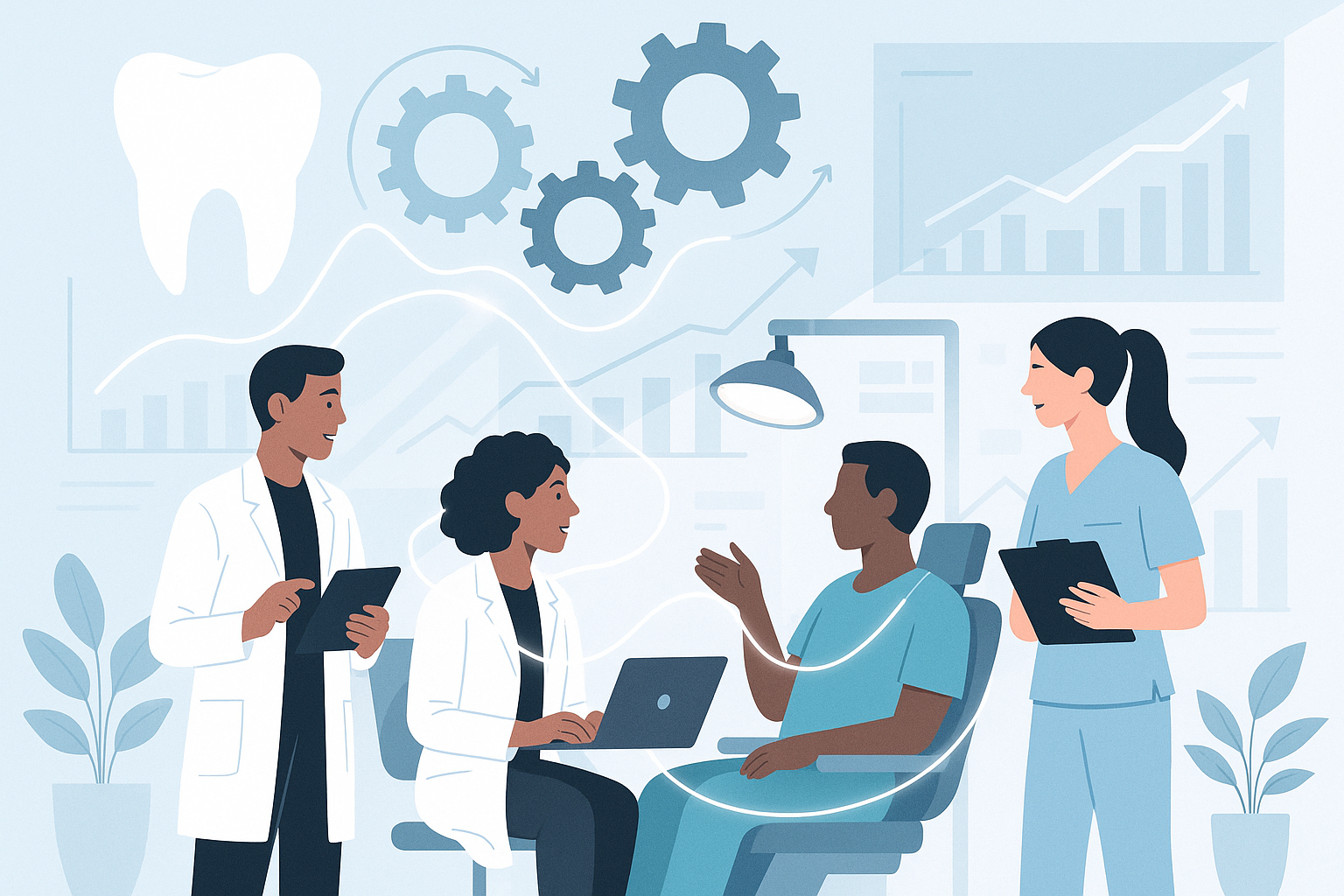 Modern dental team collaborating with gears, pathways, and growth charts in bright, clinical setting.