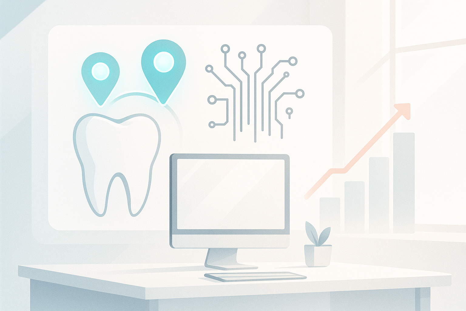 Modern dental-themed illustration with abstract optimization, circuitry, and growth charts in a clinical workspace.