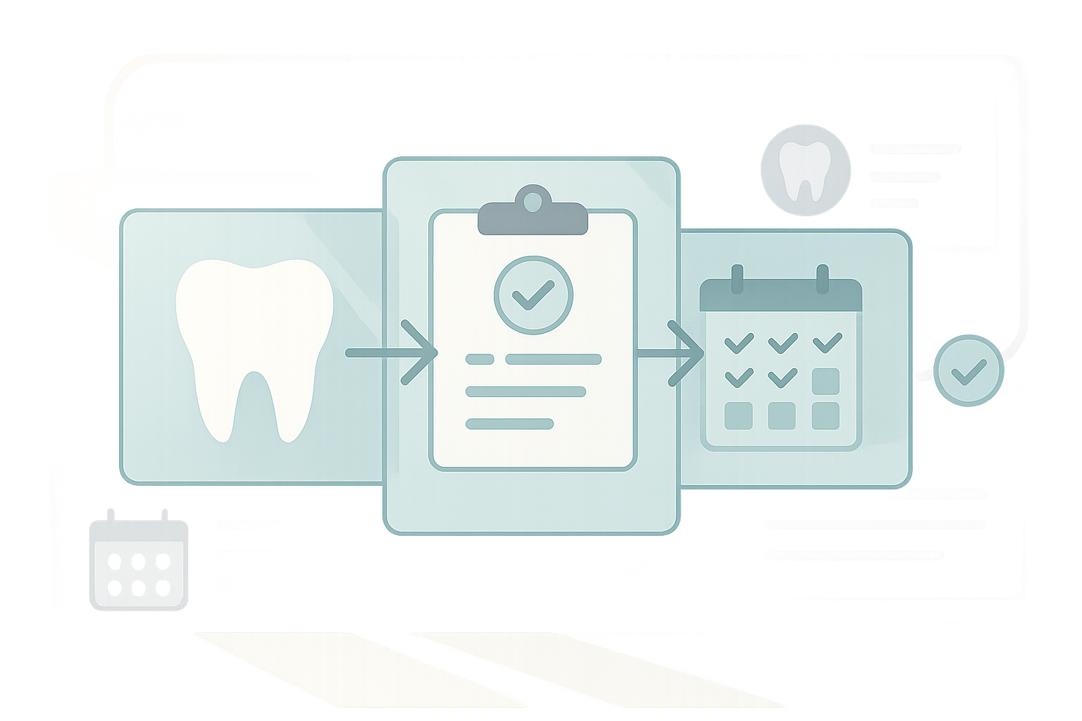 Modern dental treatment illustration with layered panels, icons, and guiding arrows in clinical tones.