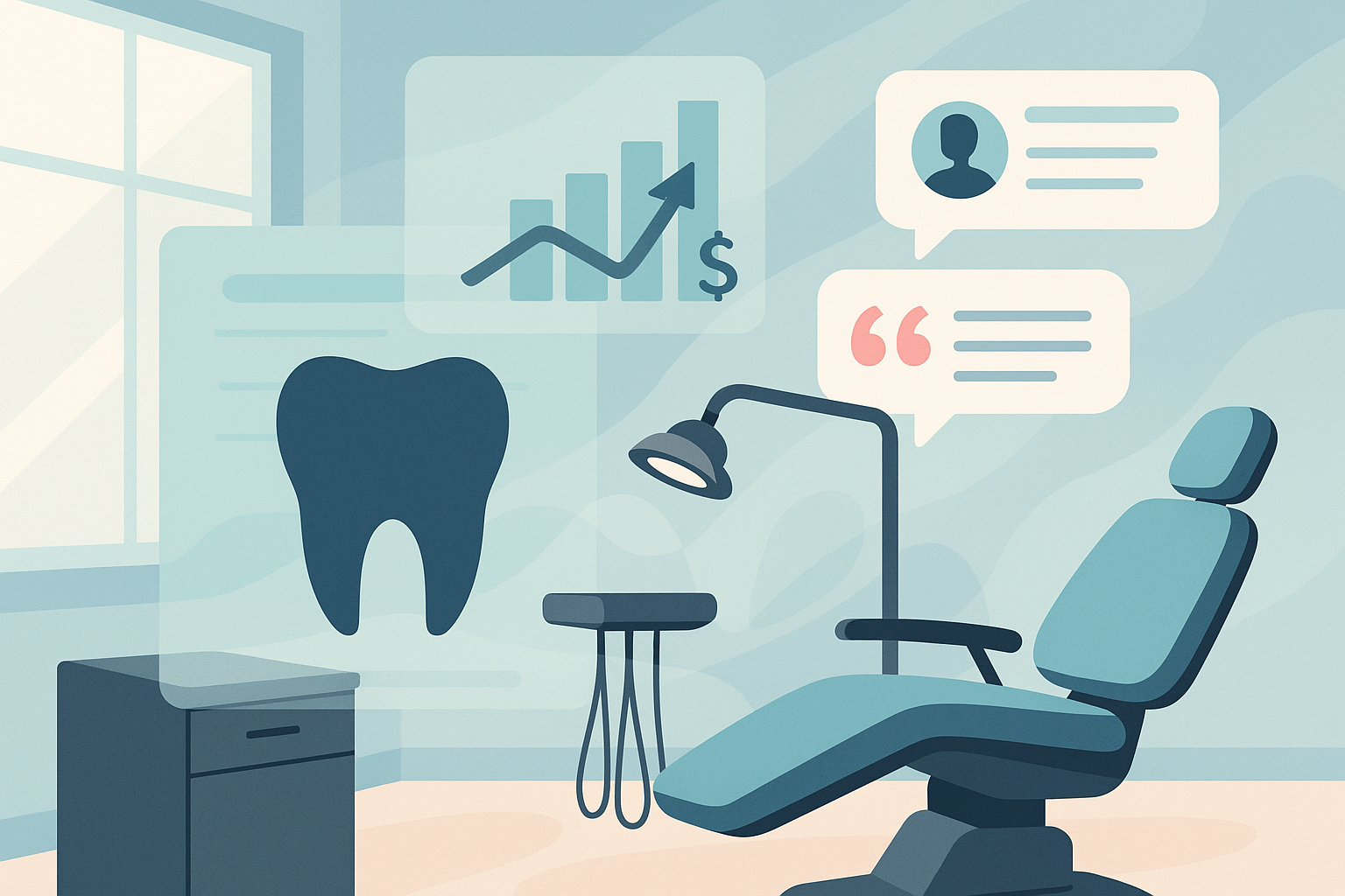 Modern dental treatment room with abstract financial charts and patient dialogue bubbles.