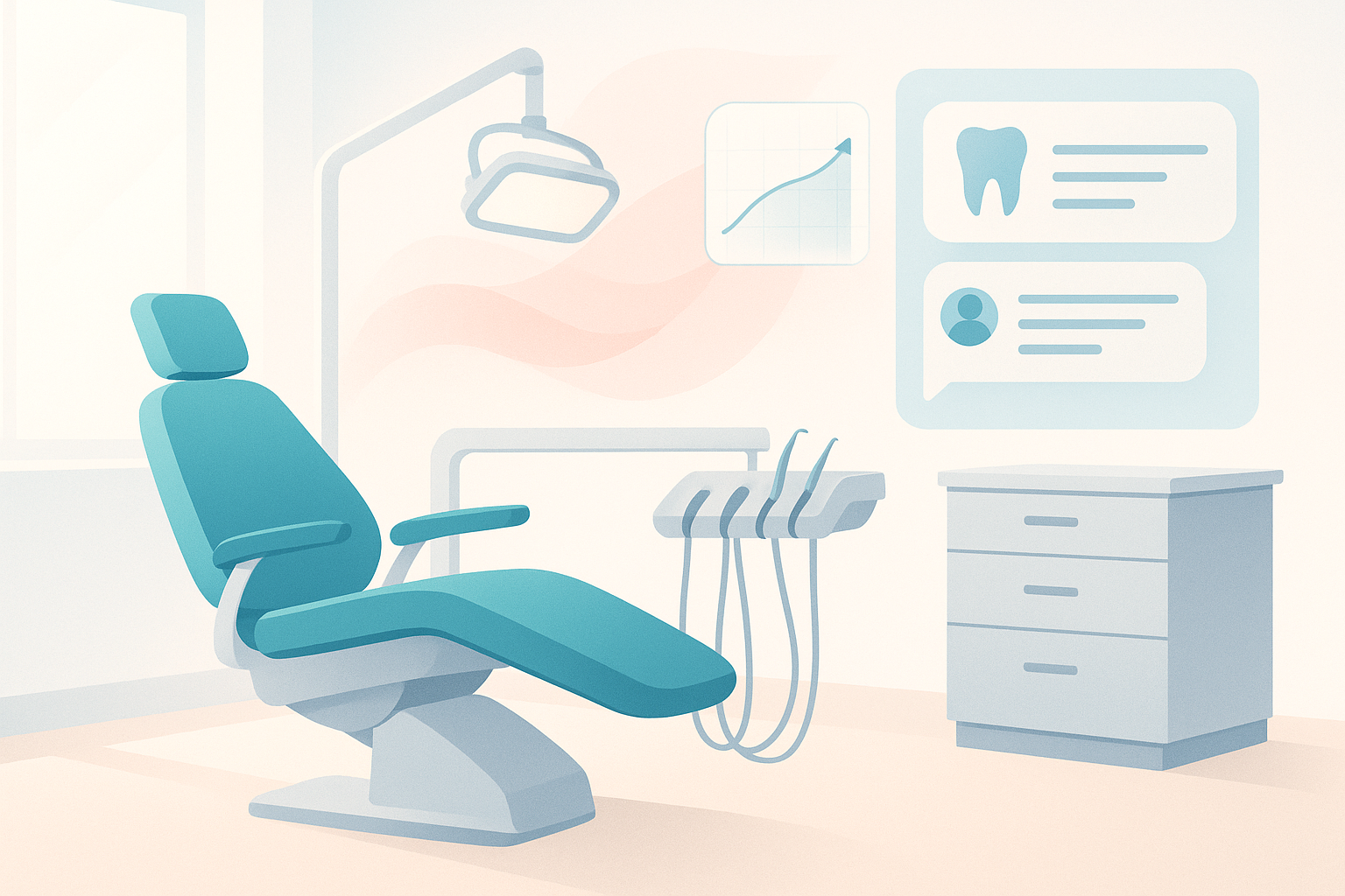 Modern dental treatment room with abstract growth and progress elements in bright, clinical tones.