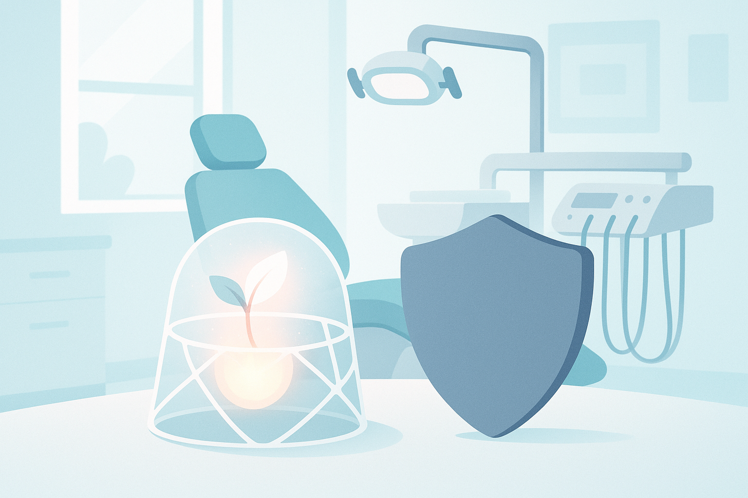 Modern dental treatment room with abstract healing scaffold and protective shield in soothing colors.