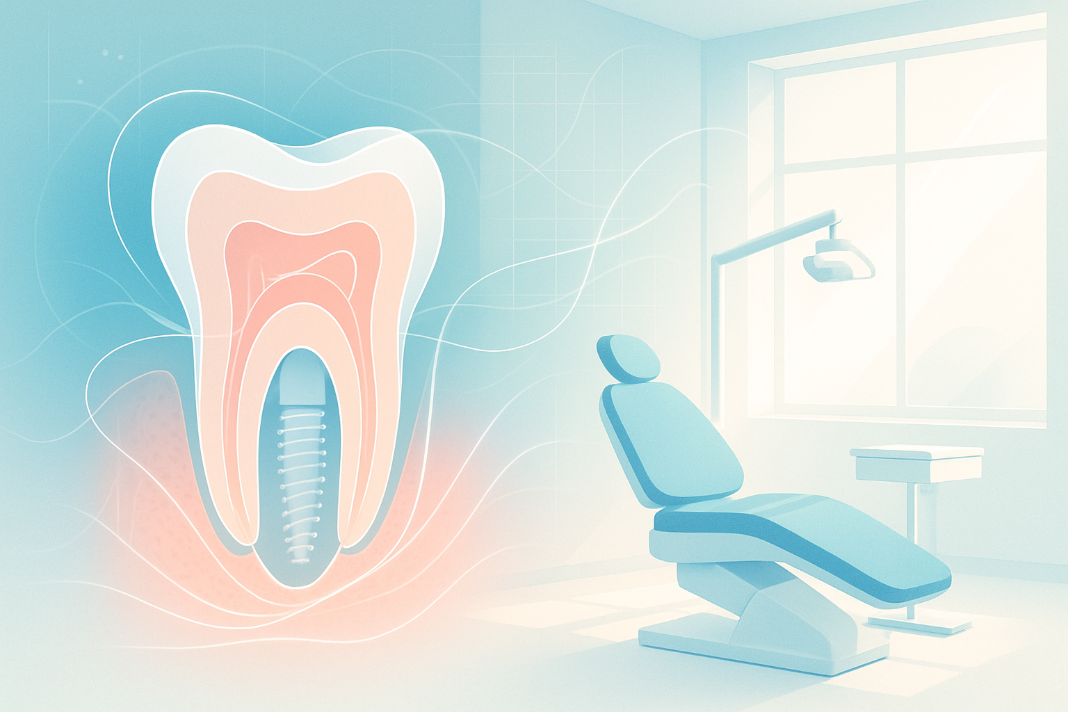 Modern dental treatment room with abstract tissue layers, light threads, and digital schematics.