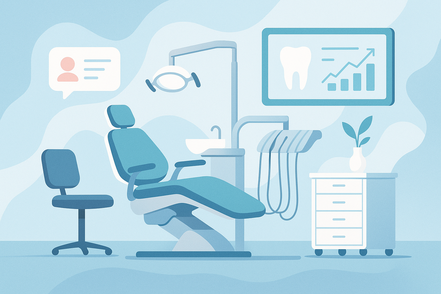 Modern dental treatment room with calming abstract elements and digital progress dashboard.