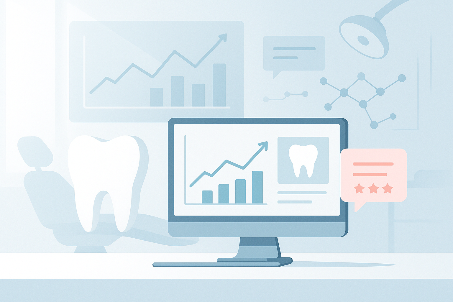Modern dental treatment room with data overlays, charts, and patient feedback visuals in light blue, teal, gray, and pink.