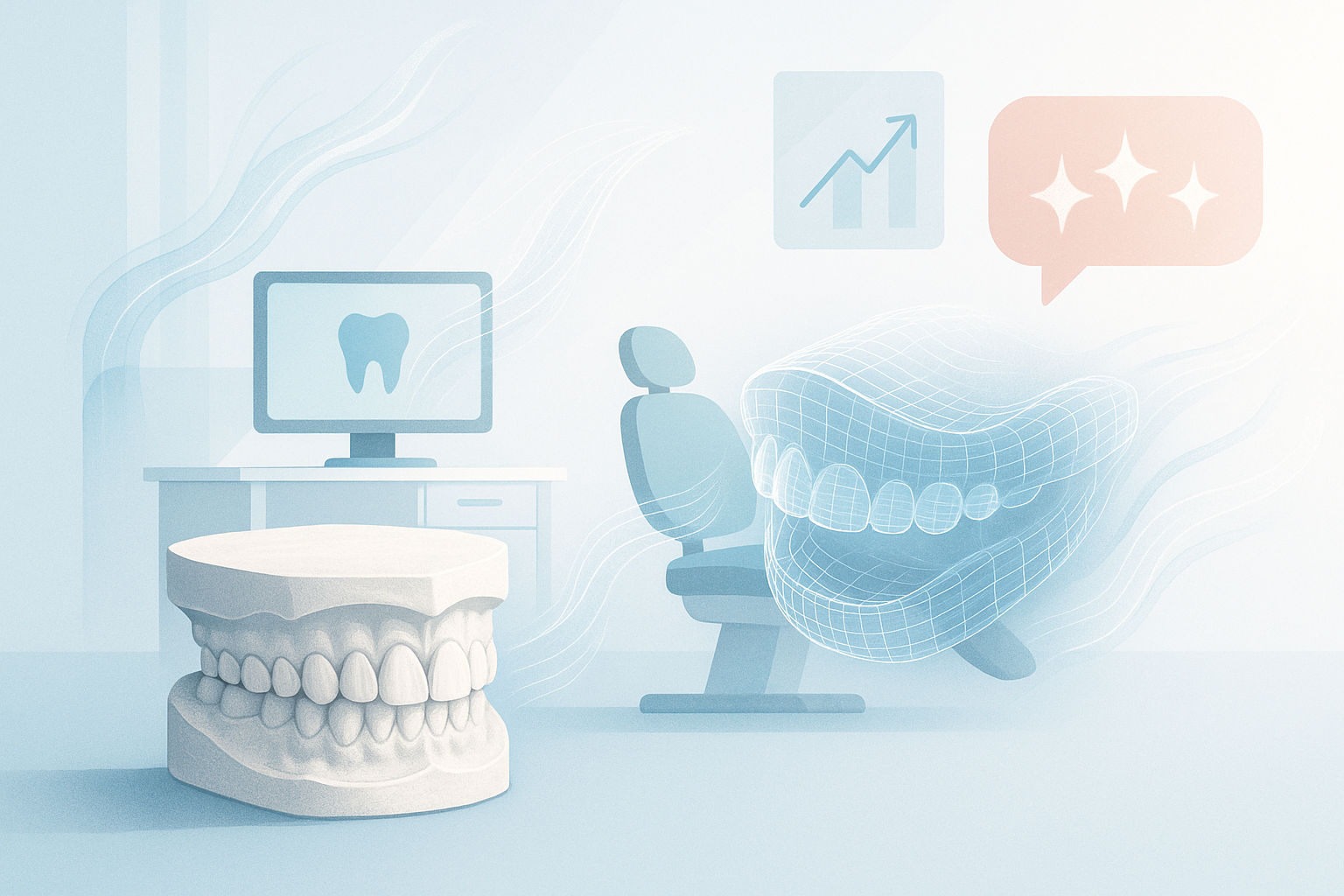 Modern dental treatment room with data streams, molds, growth charts, and testimonial bubbles.