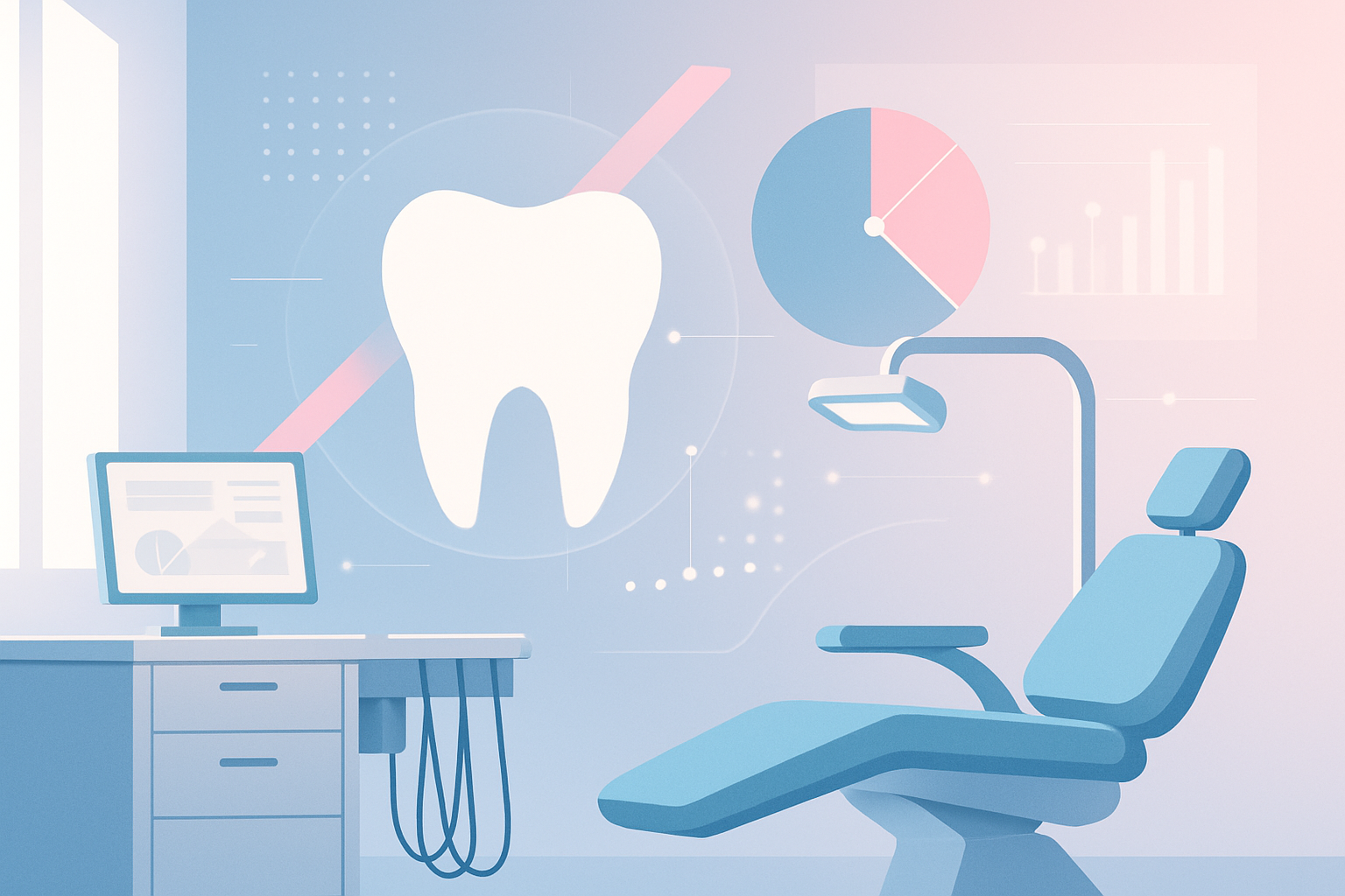 Modern dental treatment room with digital charts, geometric shapes, and soothing blue, pink, and gray tones.