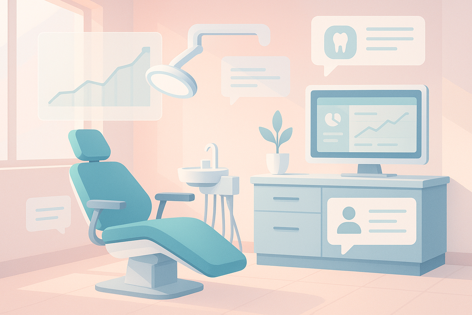 Modern dental treatment room with digital charts, testimonial bubbles, and a dashboard display.