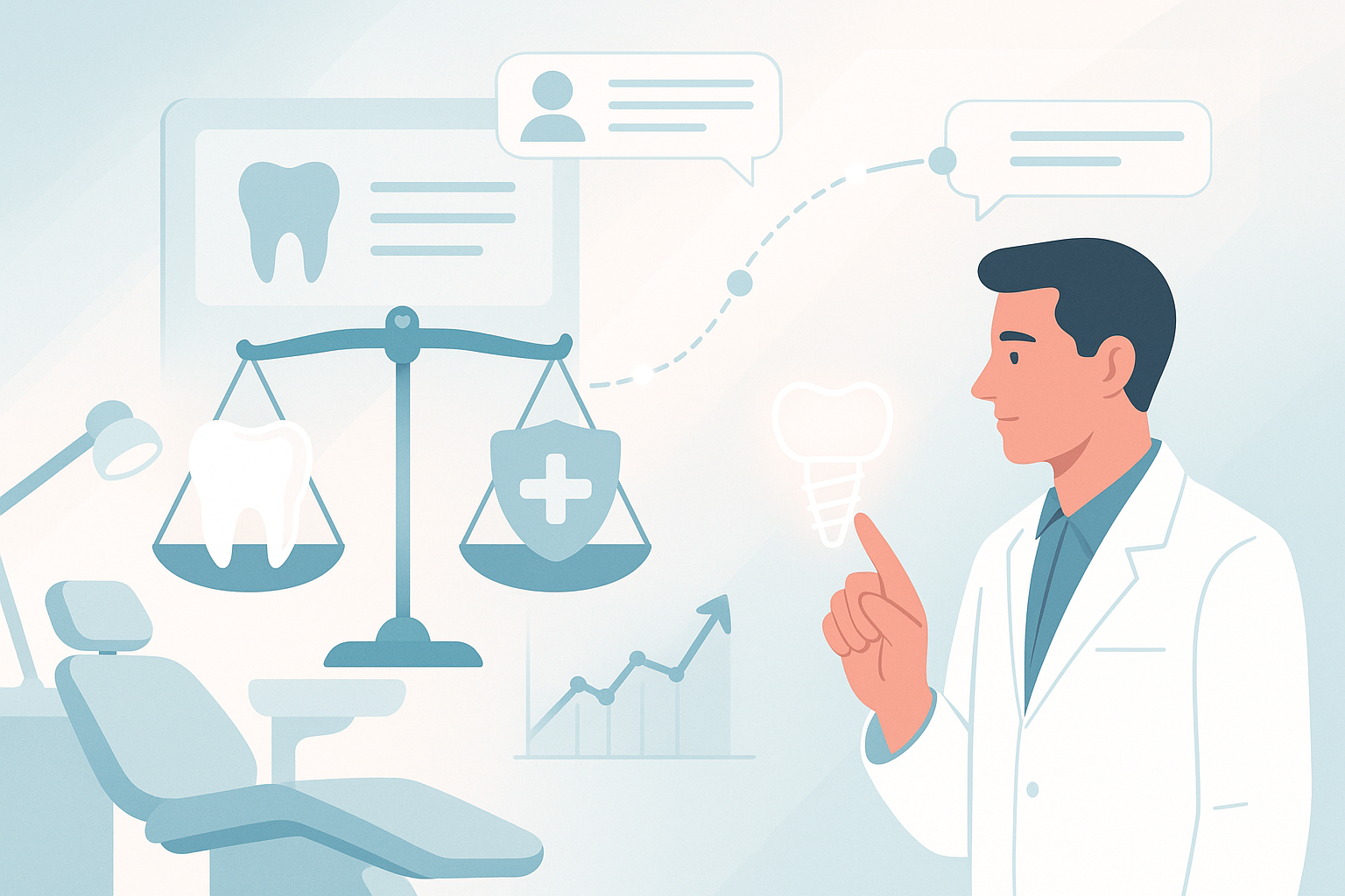 Modern dental treatment room with digital dashboard, growth charts, testimonial bubbles, and symbolic balance elements.