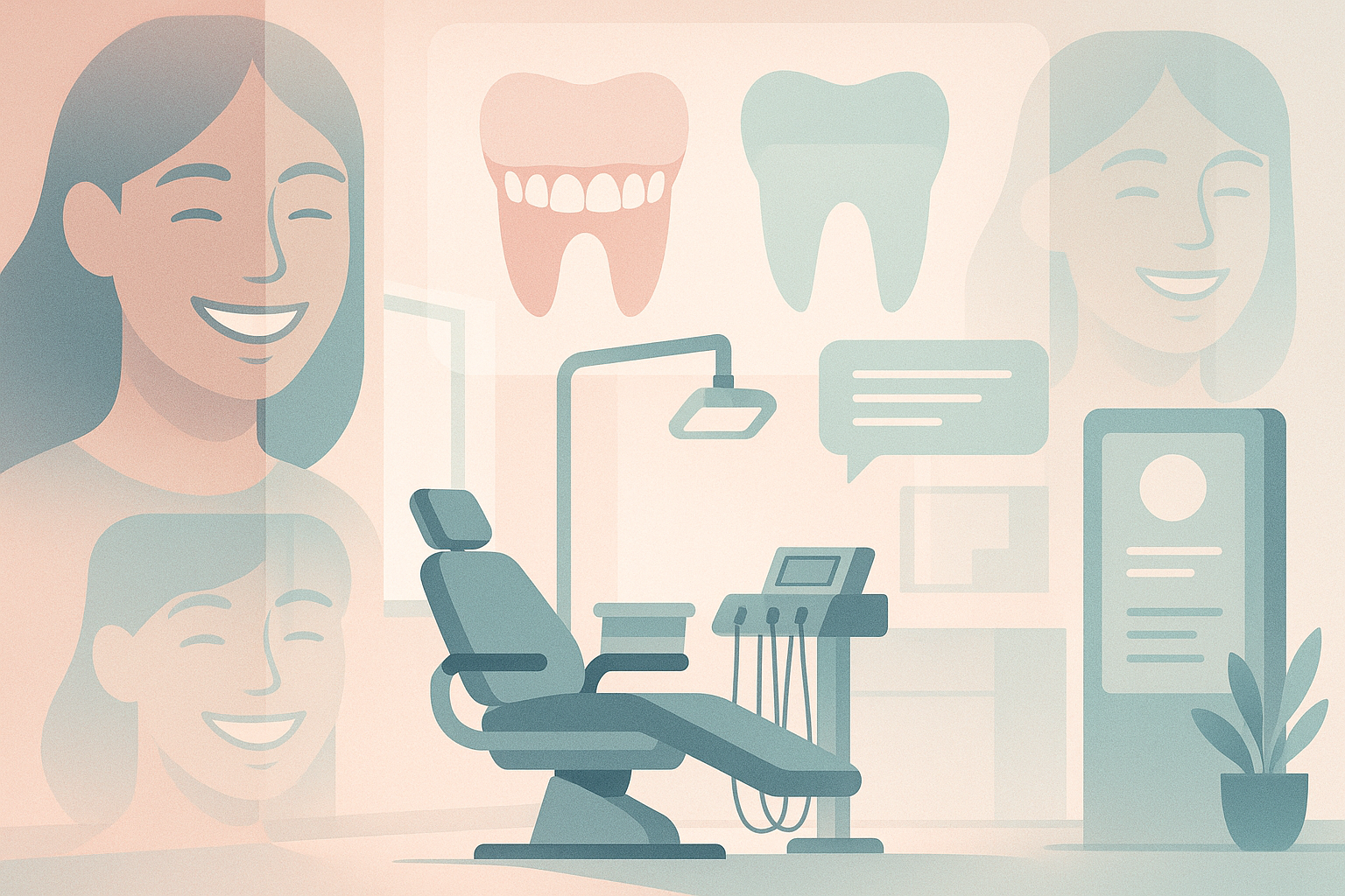 Modern dental treatment room with digital screens, smiling faces, and layered before-and-after silhouettes.