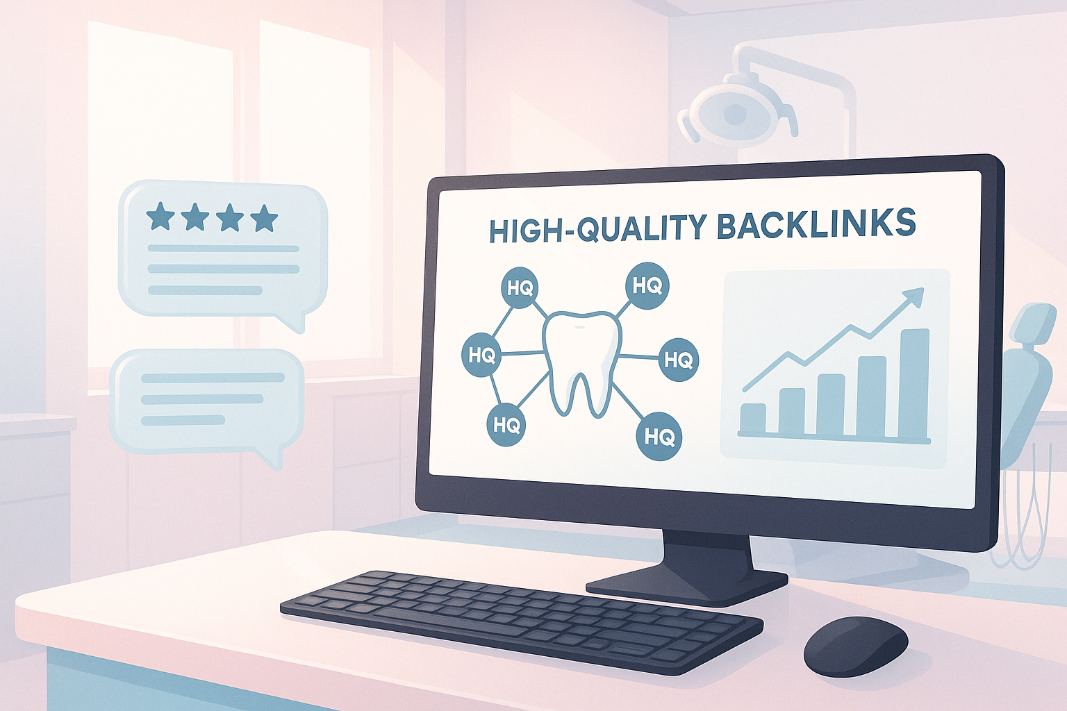 Modern dental treatment room with digital workspace, growth charts, and testimonial bubbles.