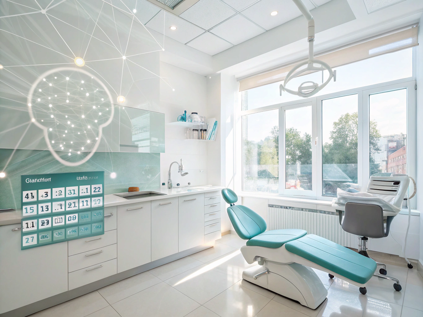 Modern dental treatment room with digital workspace, highlighting online booking and patient trust.