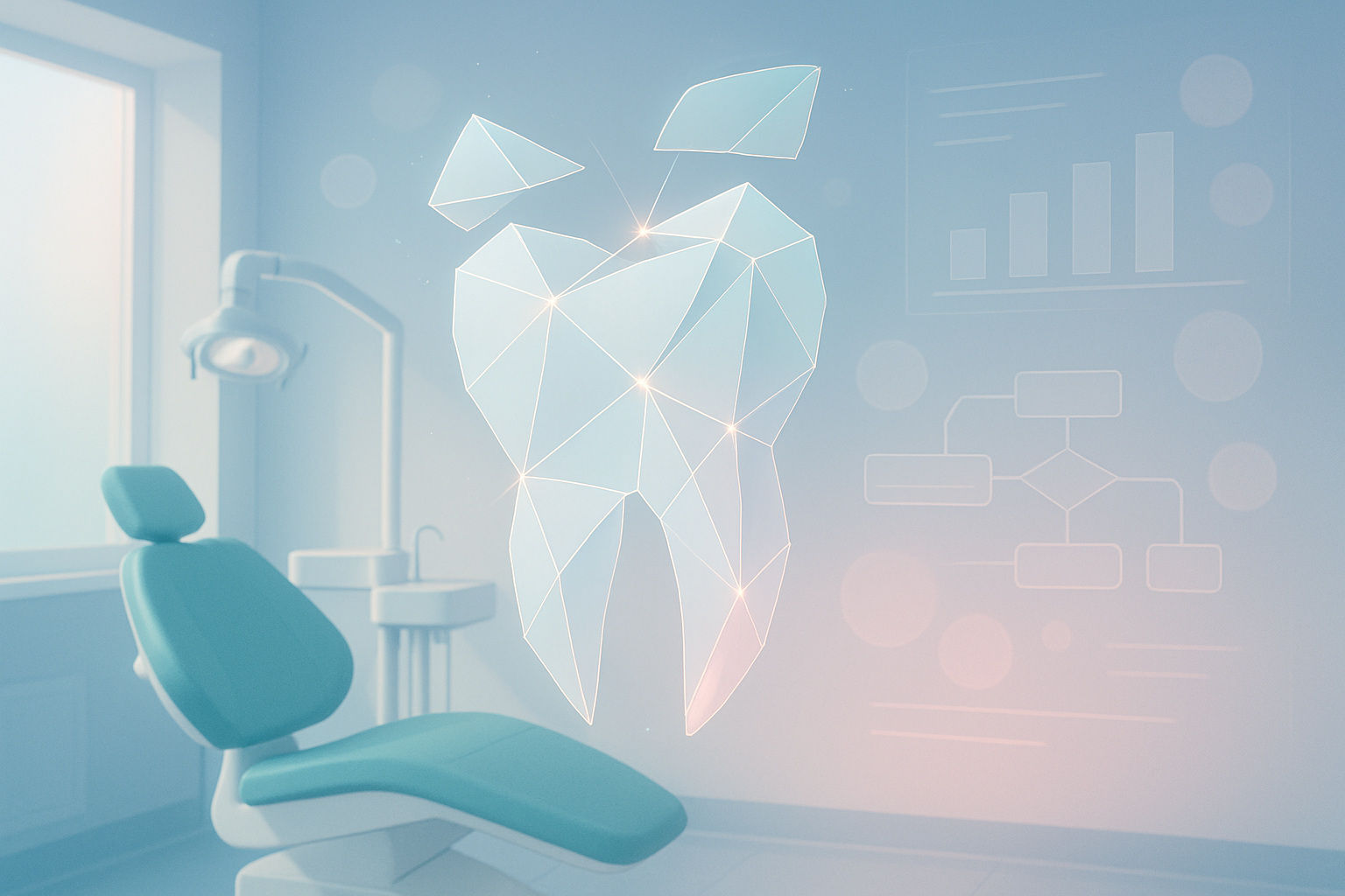 Modern dental treatment room with floating crown fragments, geometric shapes, and schematic overlays.